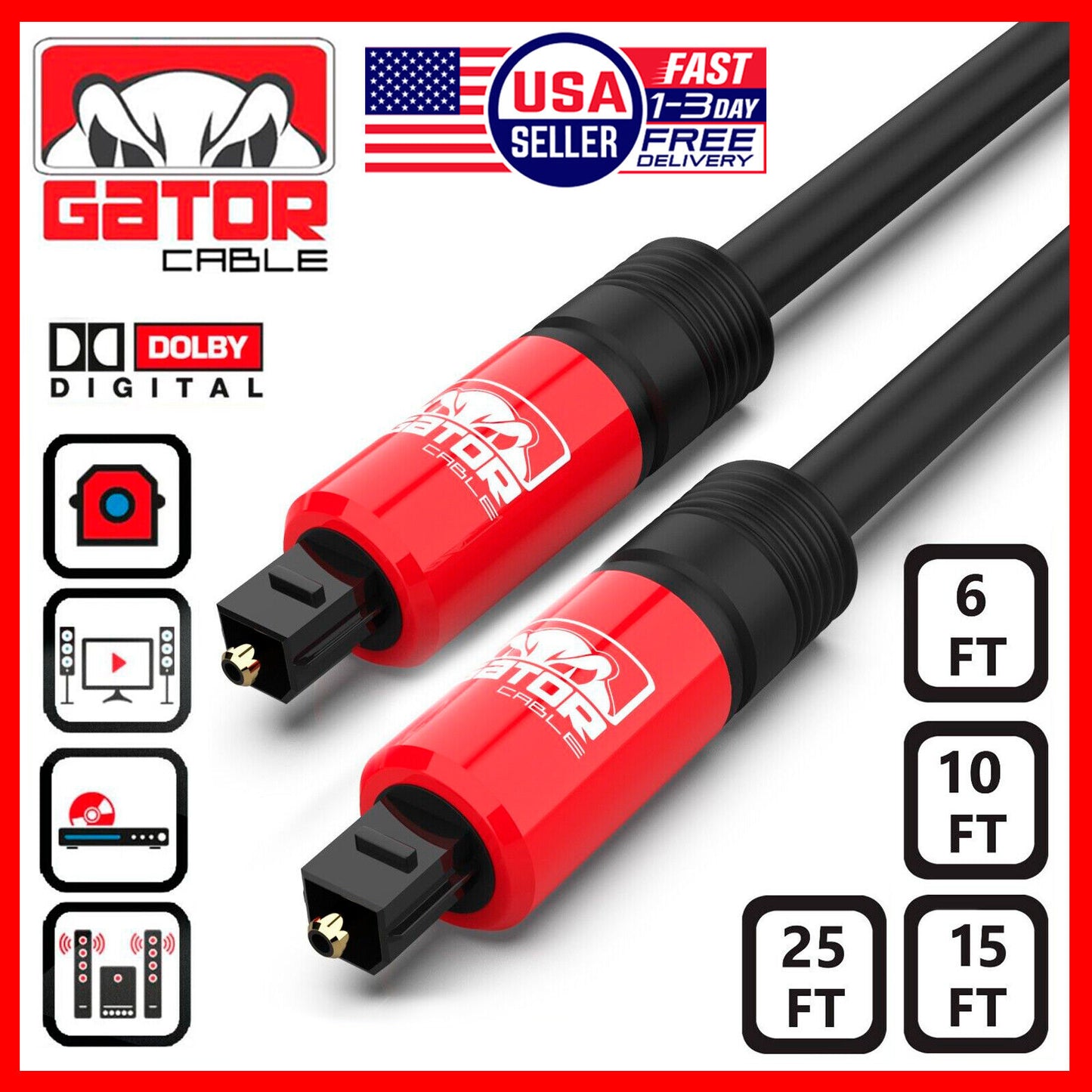 Toslink Optical Cable Digital Audio Sound Fiber Optic SPDIF Cord Wire Dolby DTS