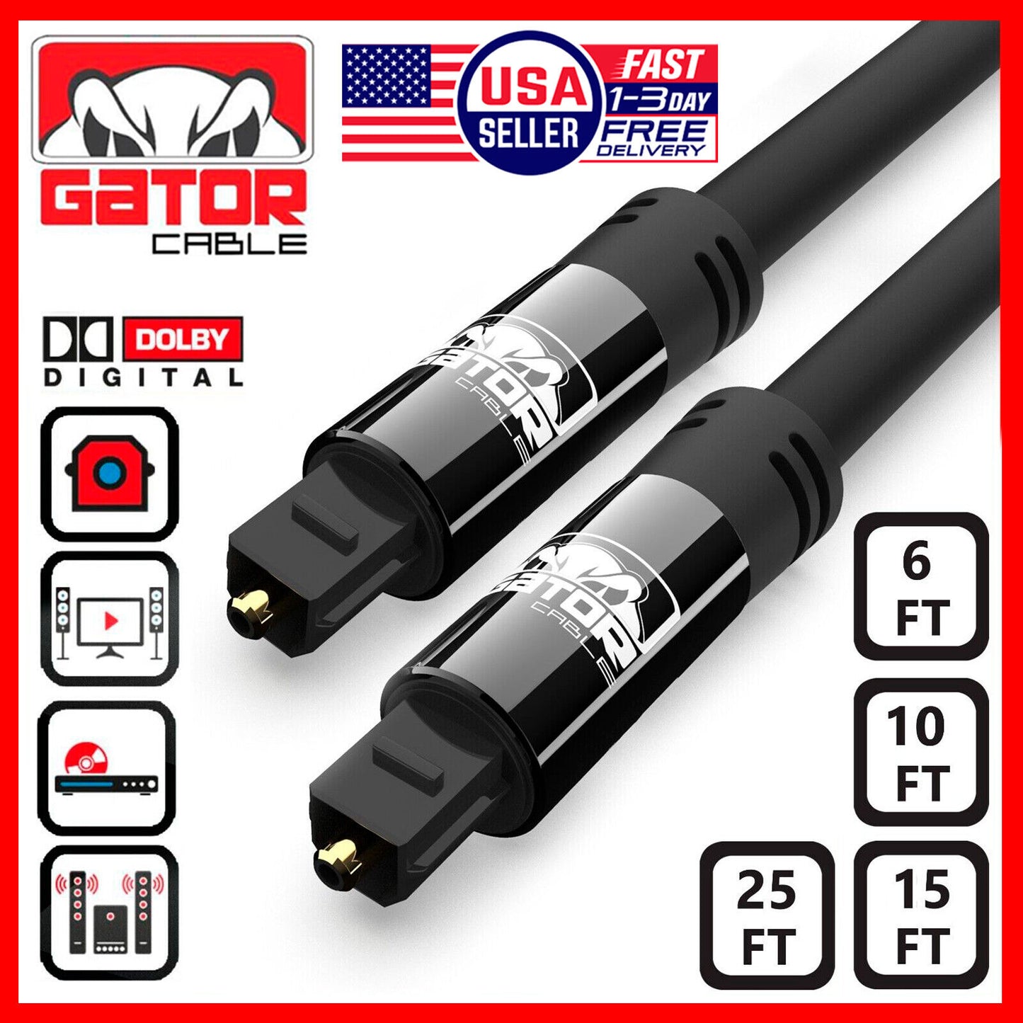 Toslink Optical Cable Digital Audio Sound Fiber Optic SPDIF Cord Wire Dolby DTS