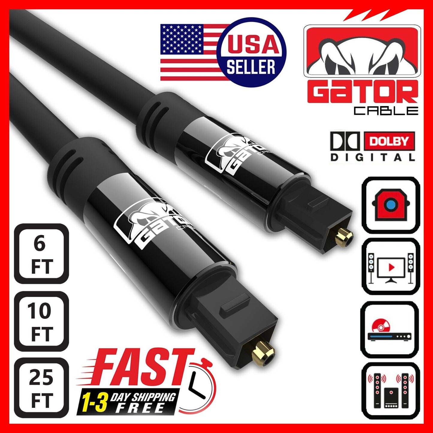 Toslink Optical Cable Digital Audio Sound Fiber Optic SPDIF Cord Wire Dolby DTS