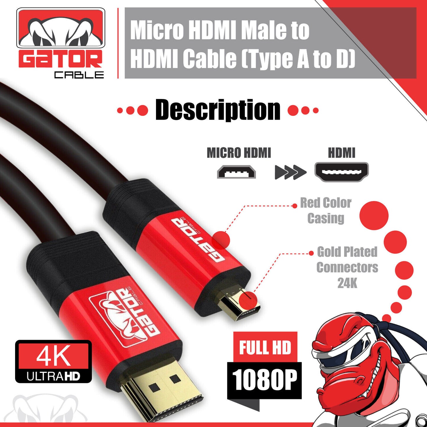 Micro HDMI to HDMI Cable Adapter Converter 4K GoPro HERO 7 6 5 4 3 Camera 60Hz