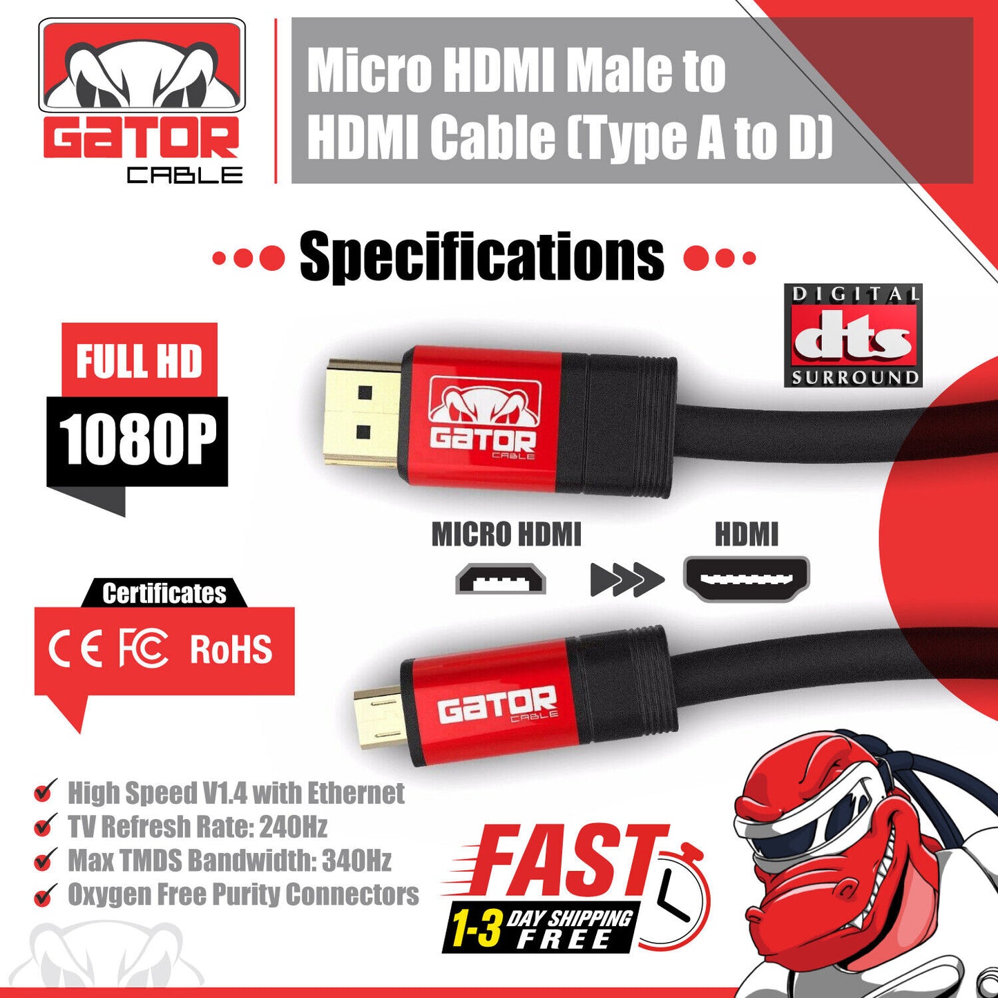 Micro HDMI to HDMI Cable Adapter Converter 4K GoPro HERO 7 6 5 4 3 Camera 60Hz