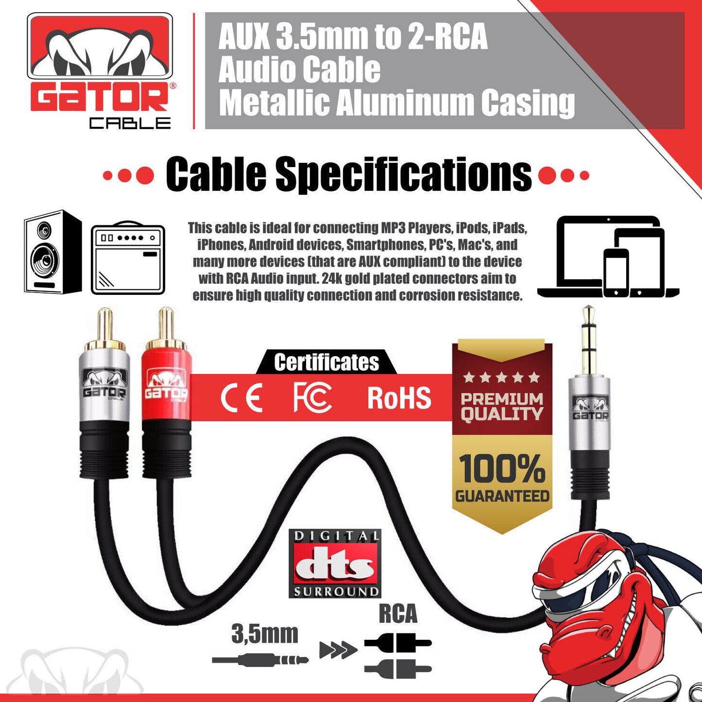 AUX Auxiliary 3.5mm Audio Male to 2 RCA Y Male Stereo Cable Cord Wire Plug