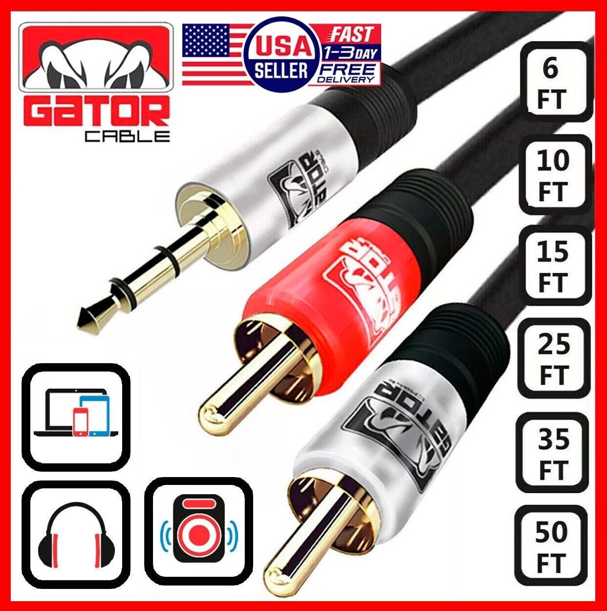 AUX Auxiliary 3.5mm Audio Male to 2 RCA Y Male Stereo Cable Cord Wire Plug