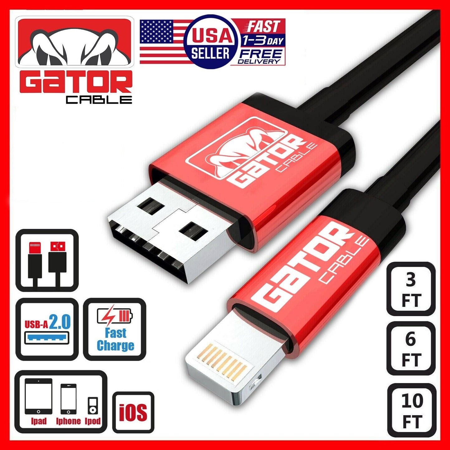 USB-A Charger Cable Fast Charge For iPhone 7 8 SE X XR XS 11 12 13 Pro Max Plus