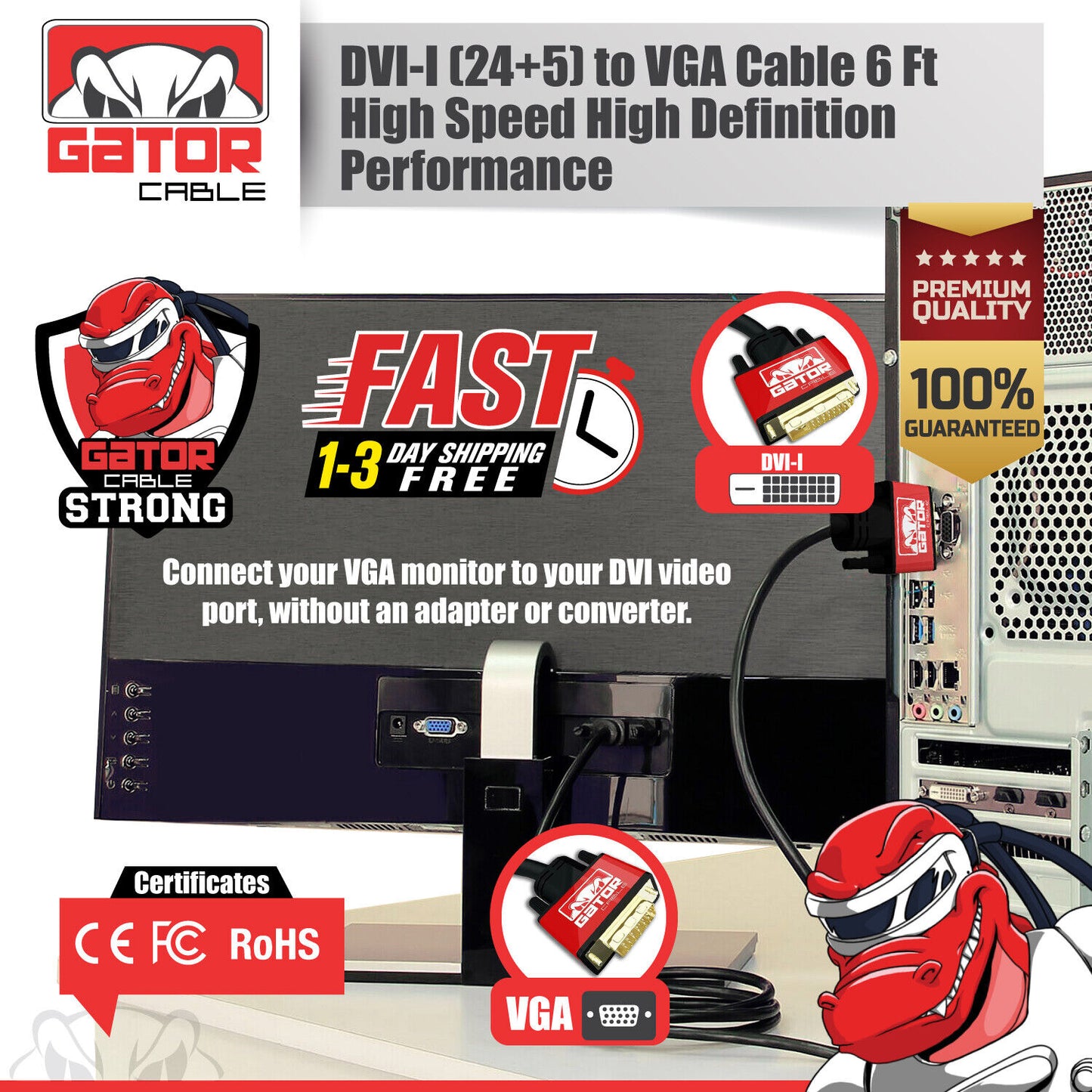 DVI-I 24+5 Dual Link Male to VGA Cable Cord Male Video Monitor Adapter PC 6FT