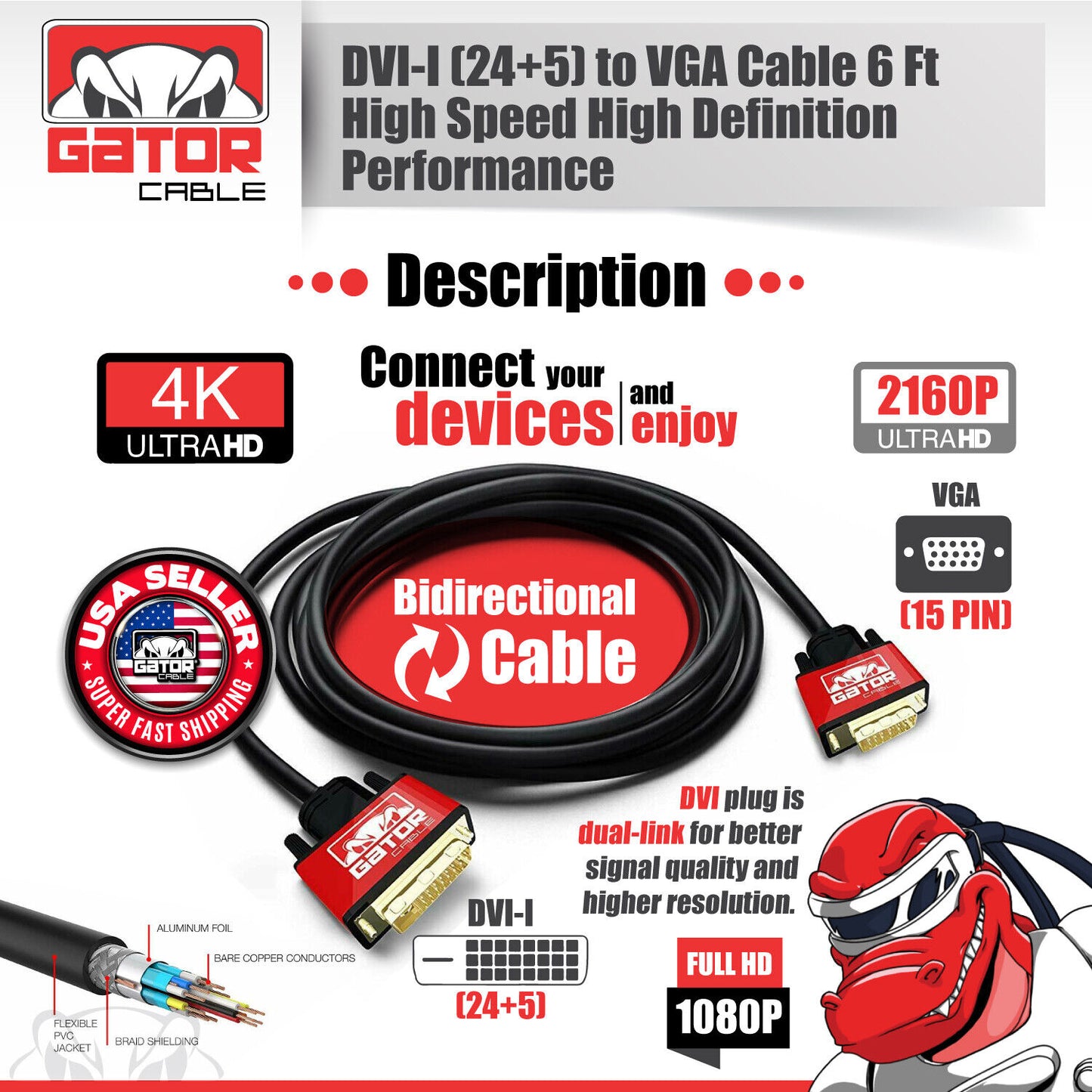 DVI-I 24+5 Dual Link Male to VGA Cable Cord Male Video Monitor Adapter PC 6FT