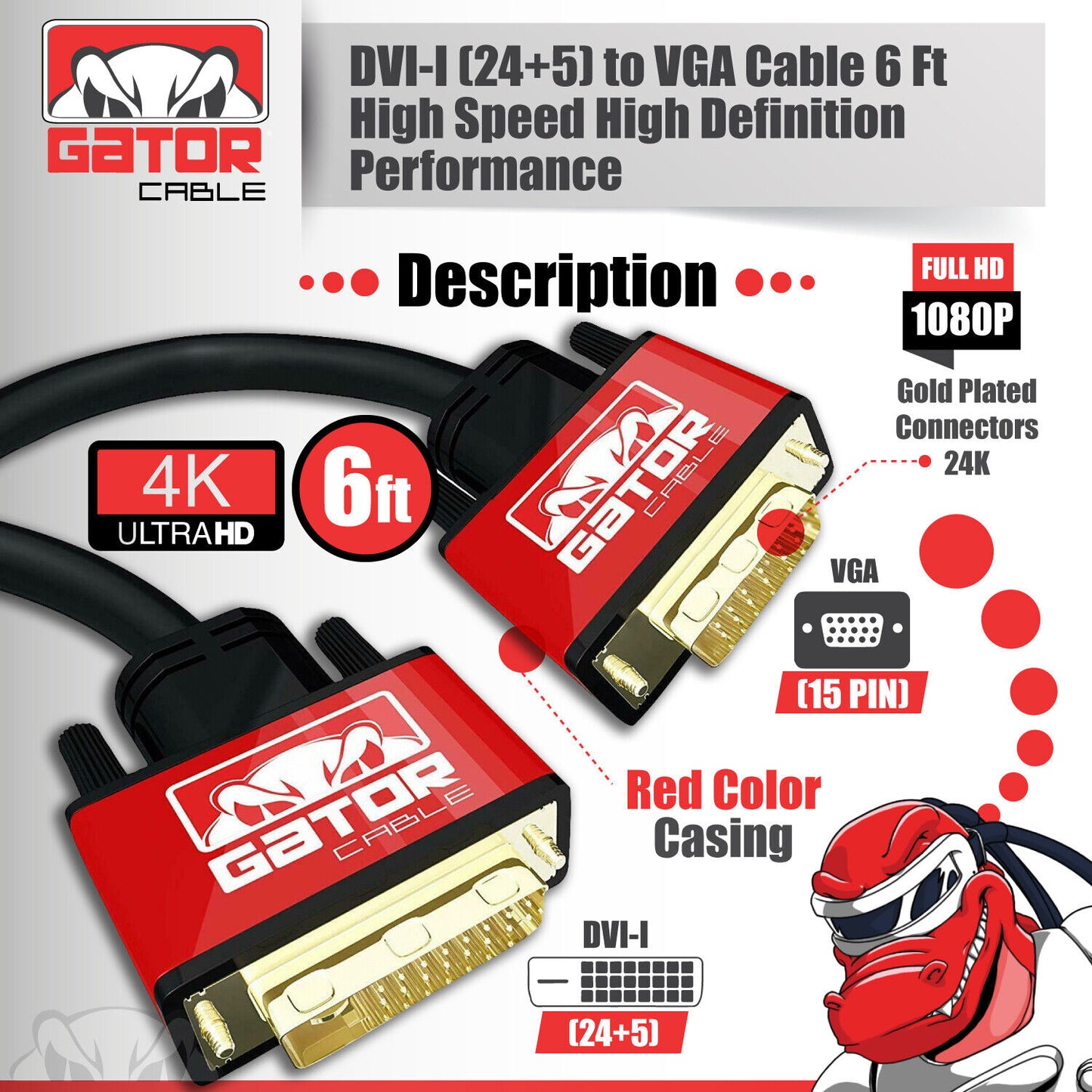 DVI-I 24+5 Dual Link Male to VGA Cable Cord Male Video Monitor Adapter PC 6FT