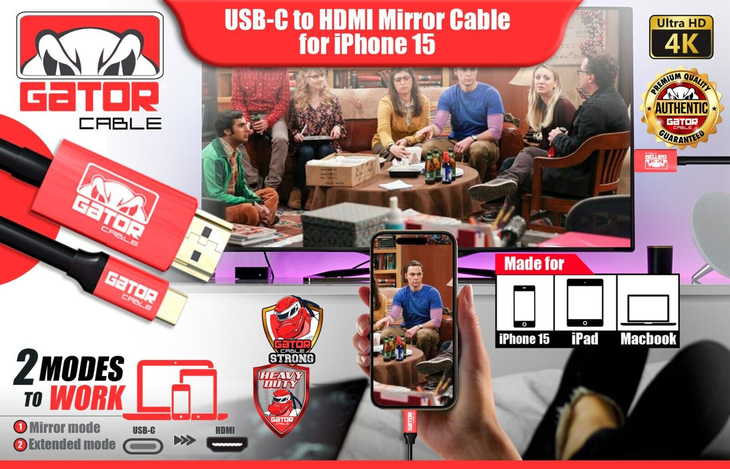 USB-C to HDMI Mirror Cable Adapter 4K 60Hz HDR HDTV For iPhone 15 Pro Max Plus