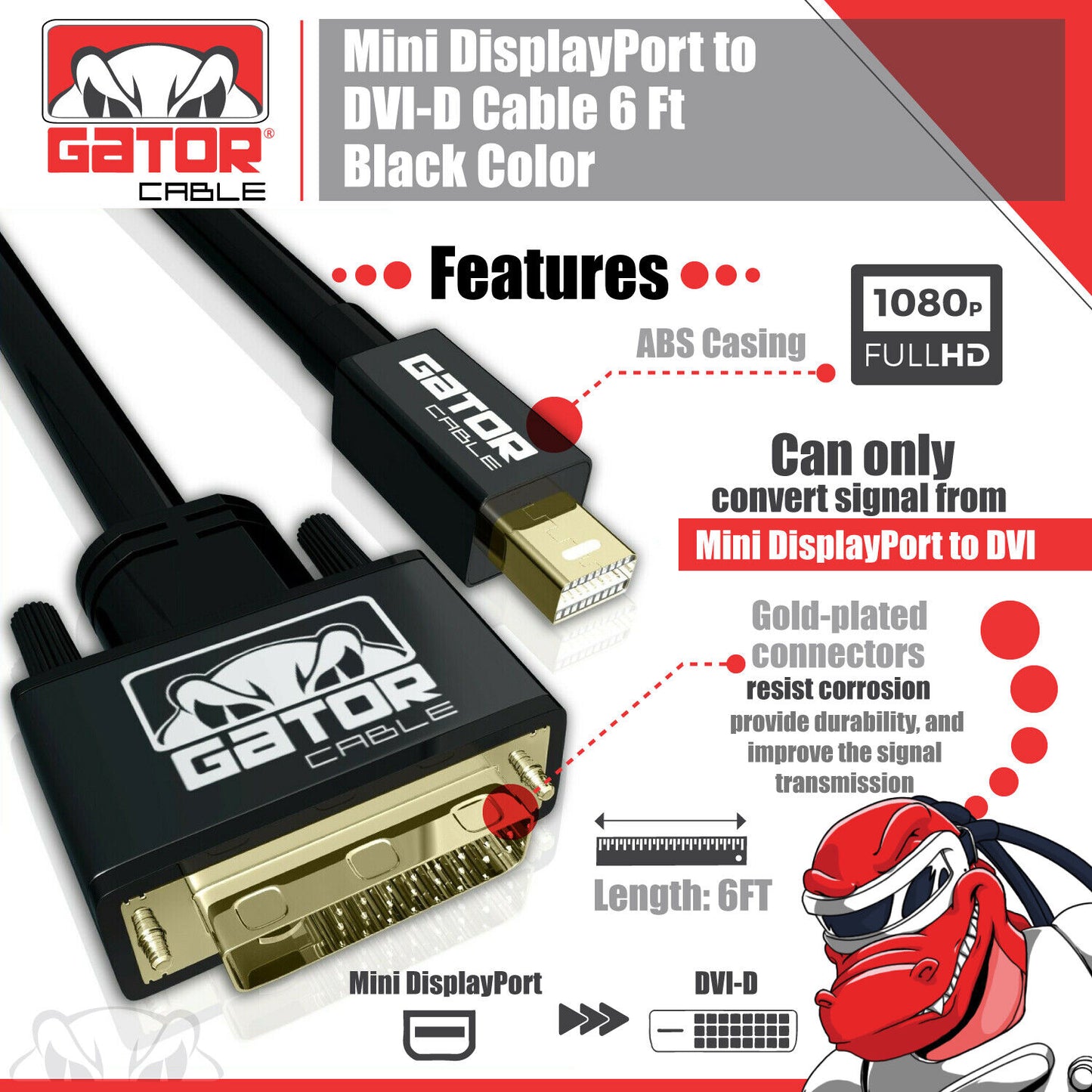 Mini Display Port mDP Thunderbolt To DVI-D Cable Adapter Converter HD 1080P 6FT