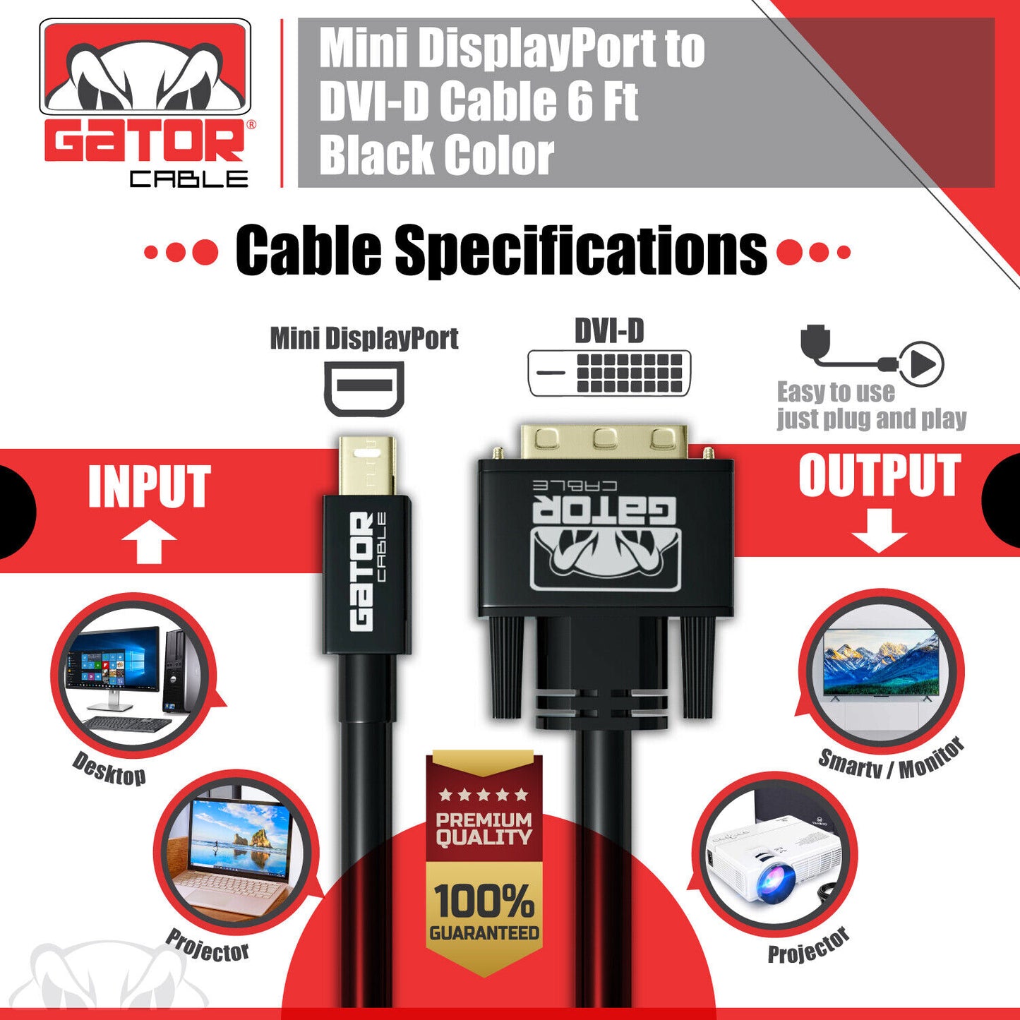 Mini Display Port mDP Thunderbolt To DVI-D Cable Adapter Converter HD 1080P 6FT