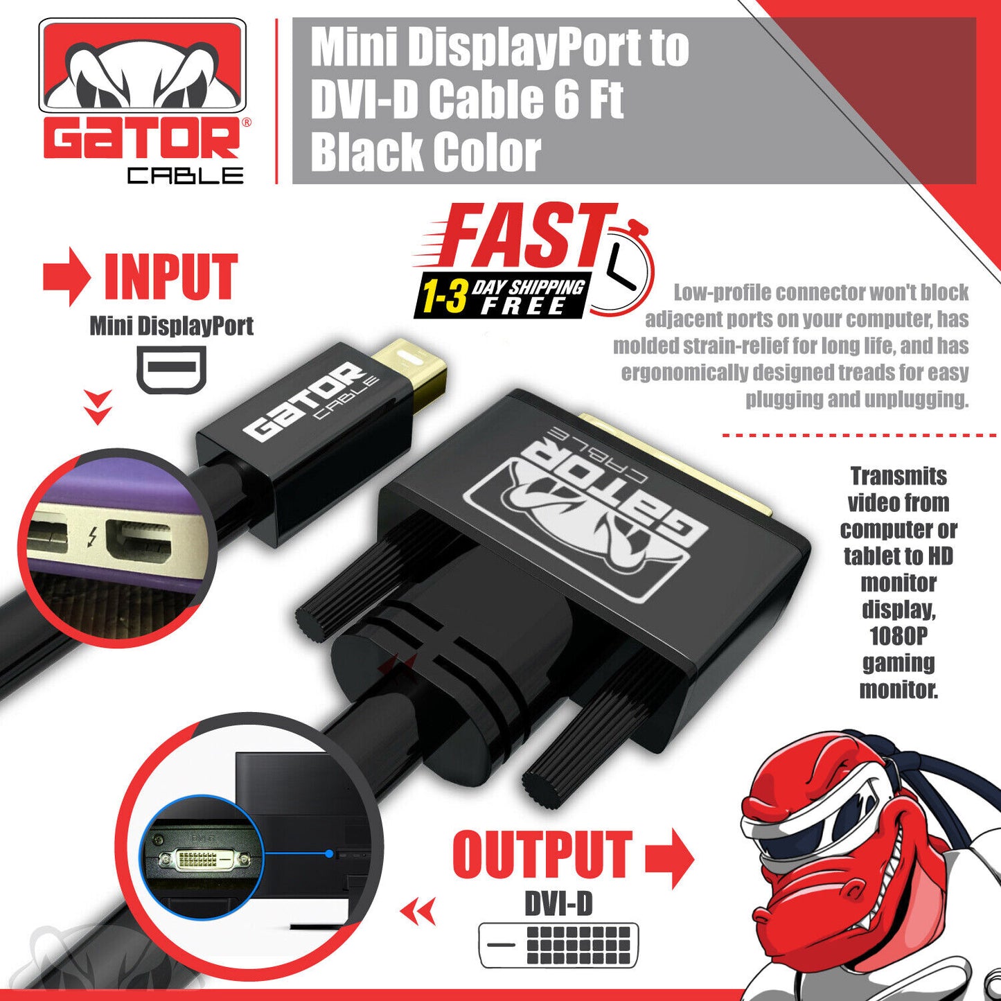 Mini Display Port mDP Thunderbolt To DVI-D Cable Adapter Converter HD 1080P 6FT