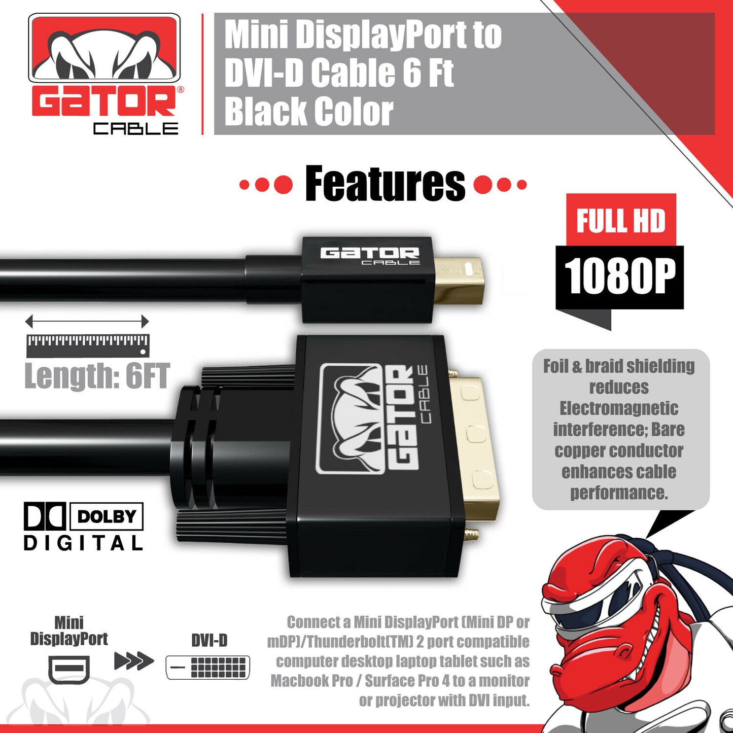 Mini Display Port mDP Thunderbolt To DVI-D Cable Adapter Converter HD 1080P 6FT