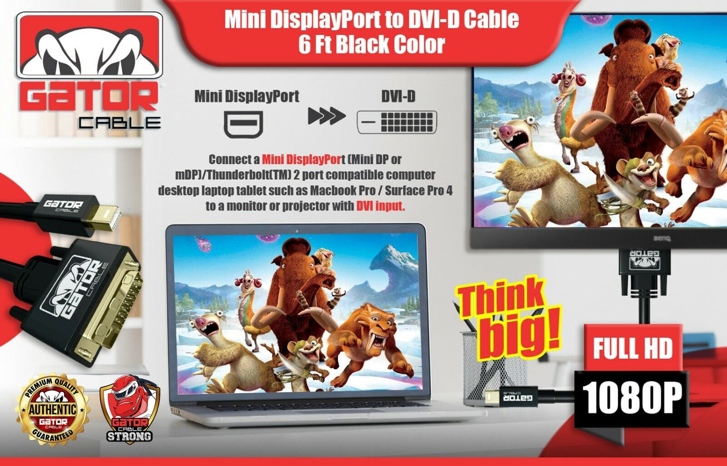 Mini Display Port mDP Thunderbolt To DVI-D Cable Adapter Converter HD 1080P 6FT