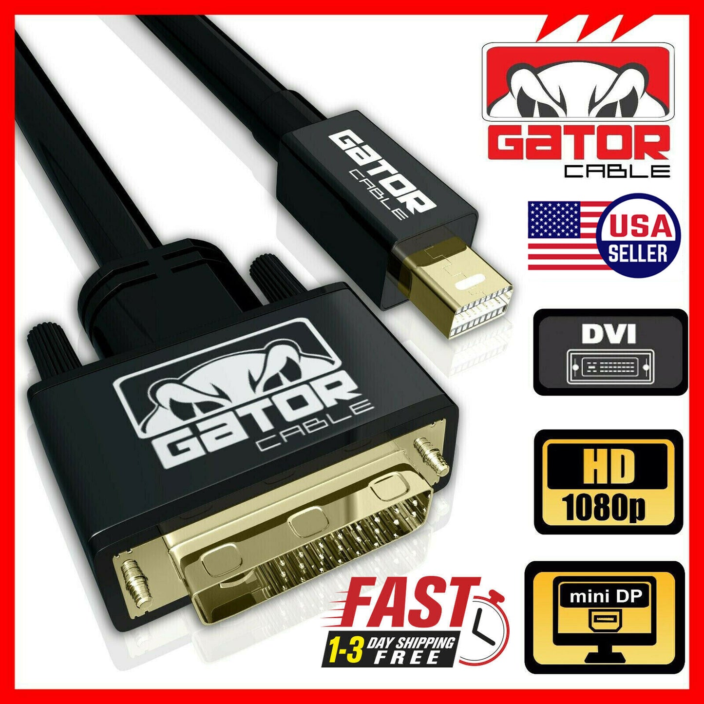 Mini Display Port mDP Thunderbolt To DVI-D Cable Adapter Converter HD 1080P 6FT