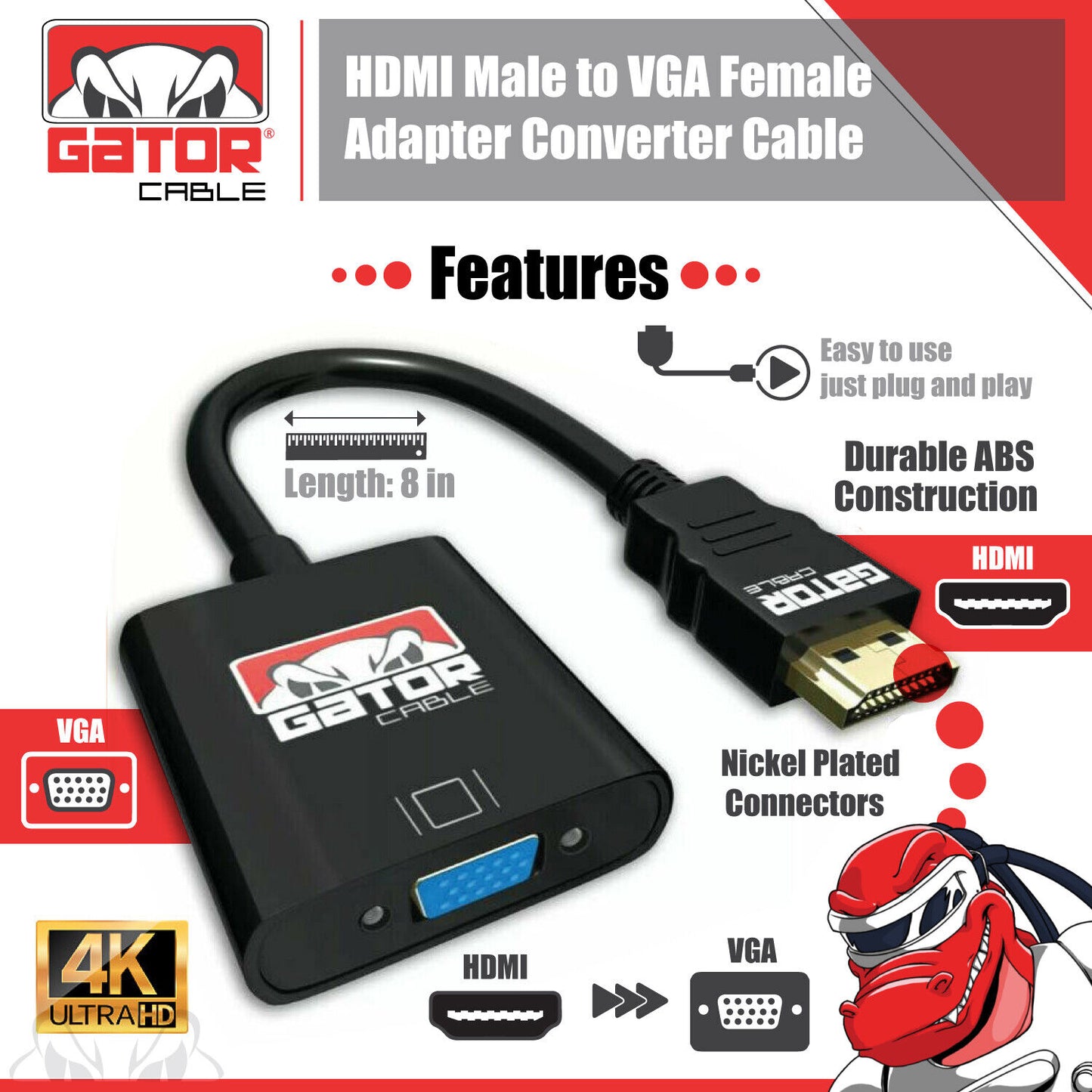 HDMI to VGA Adapter Converter Cable For HDTV PC Desktop Monitor Video 1080P 60Hz
