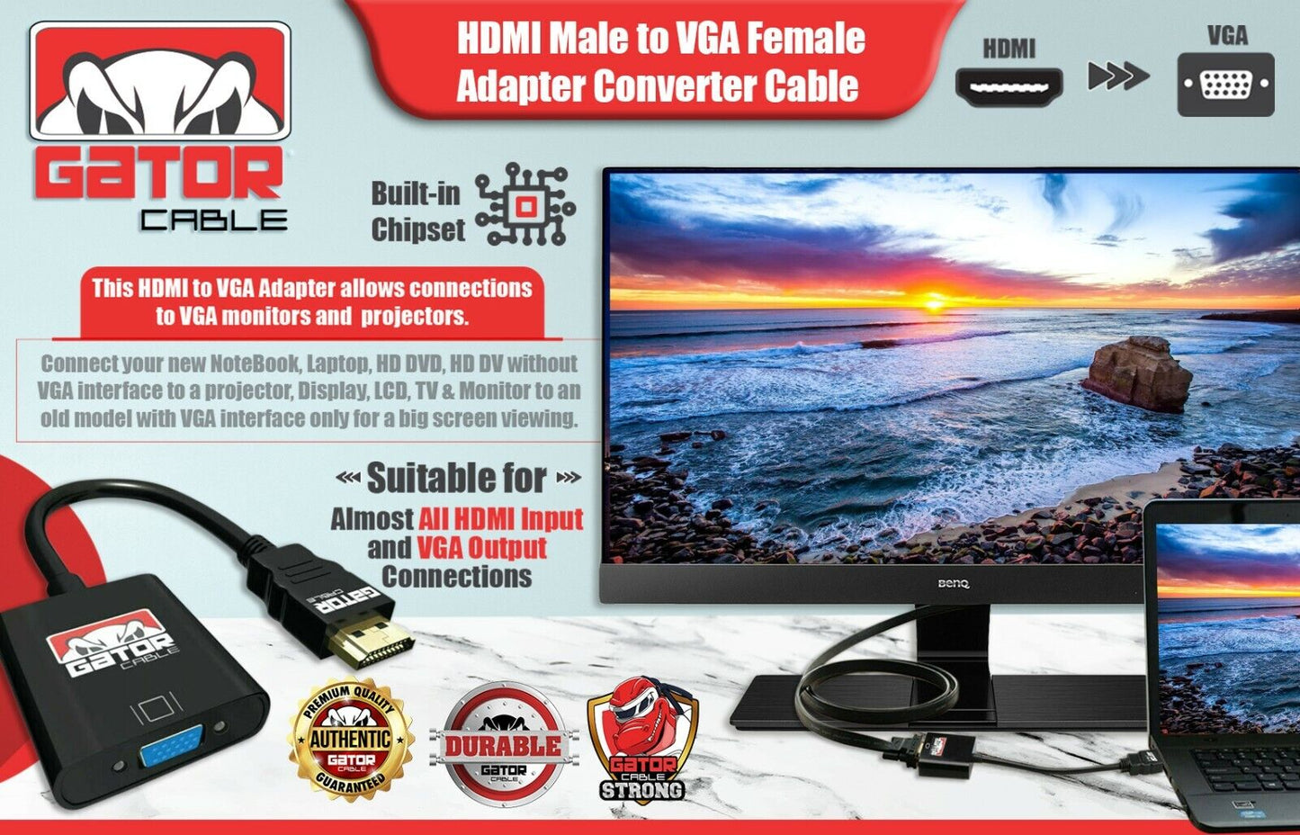 HDMI to VGA Adapter Converter Cable For HDTV PC Desktop Monitor Video 1080P 60Hz