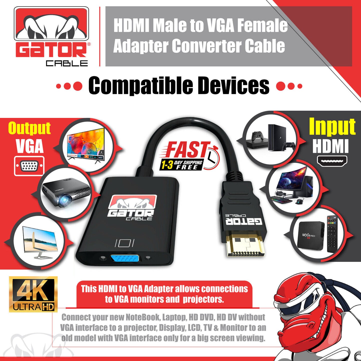 HDMI to VGA Adapter Converter Cable For HDTV PC Desktop Monitor Video 1080P 60Hz