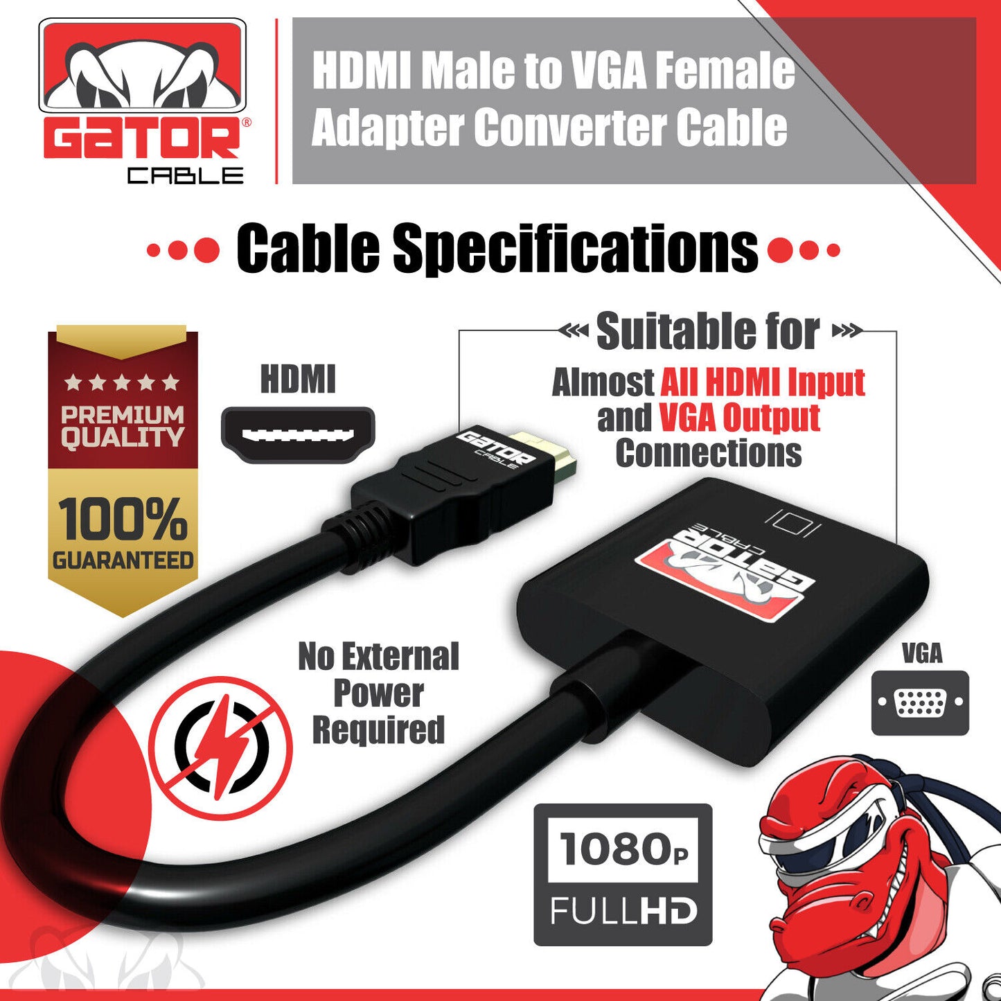 HDMI to VGA Adapter Converter Cable For HDTV PC Desktop Monitor Video 1080P 60Hz