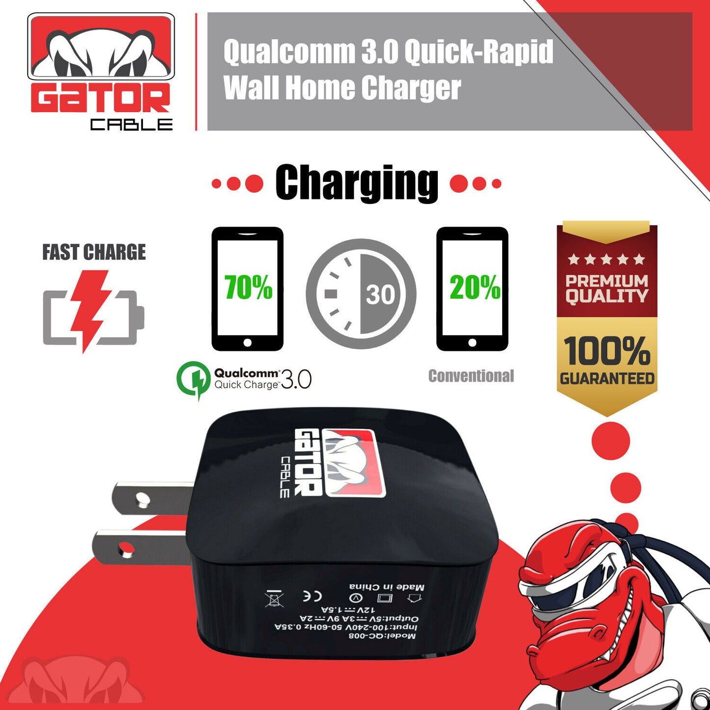 USB 3.0 Wall Home Charger Adapter Power Plug-In Qualcomm Fast Quick Charge 18W
