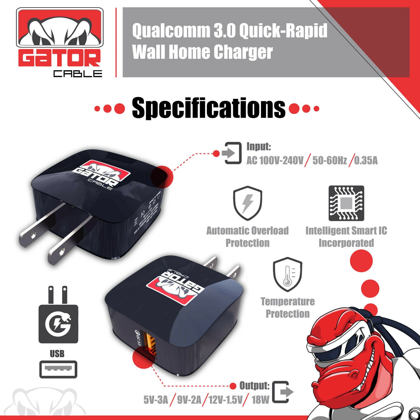 USB 3.0 Wall Home Charger Adapter Power Plug-In Qualcomm Fast Quick Charge 18W
