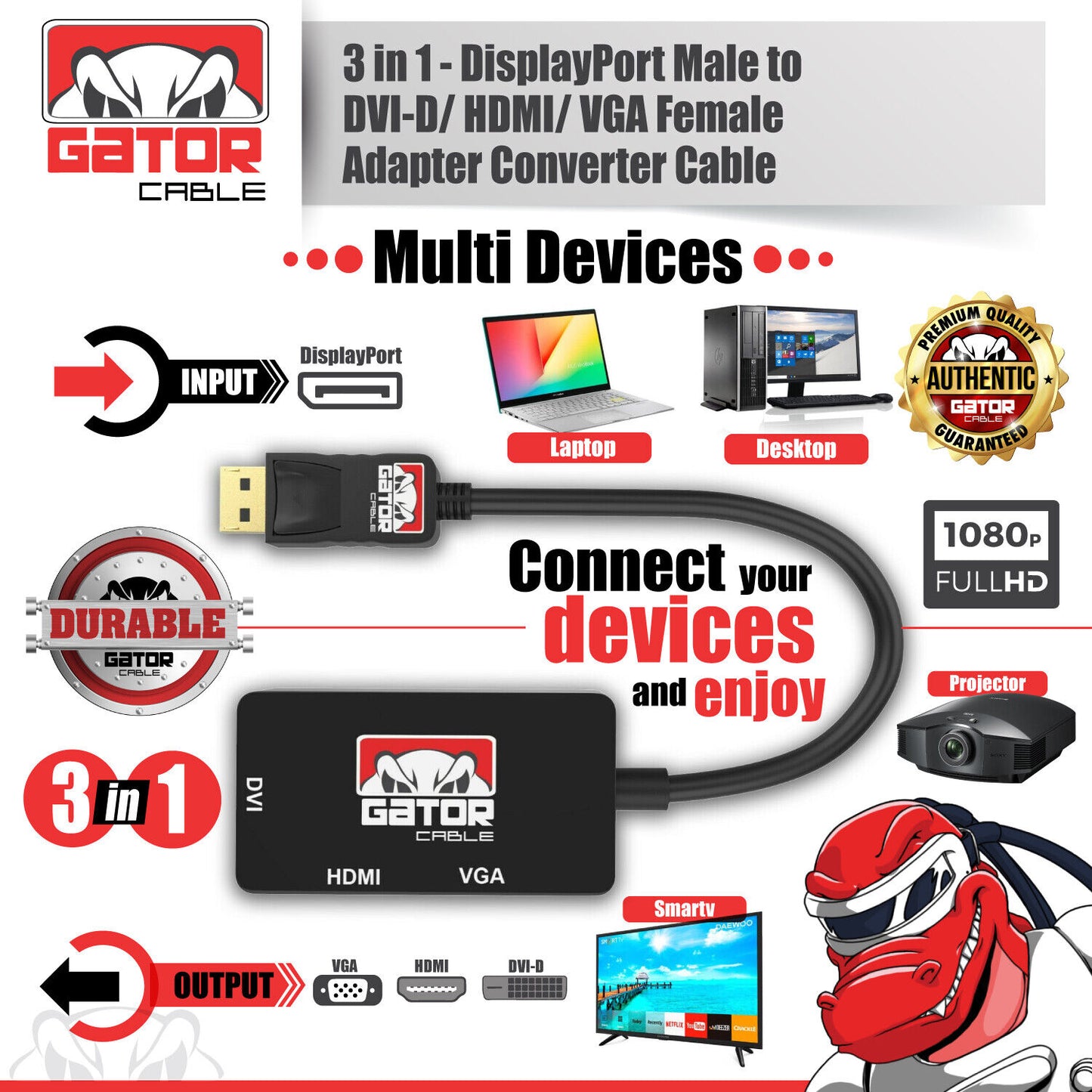 DisplayPort Male To HDMI DVI VGA Female Adapter Converter Cable 4K 1080P 4-in-1