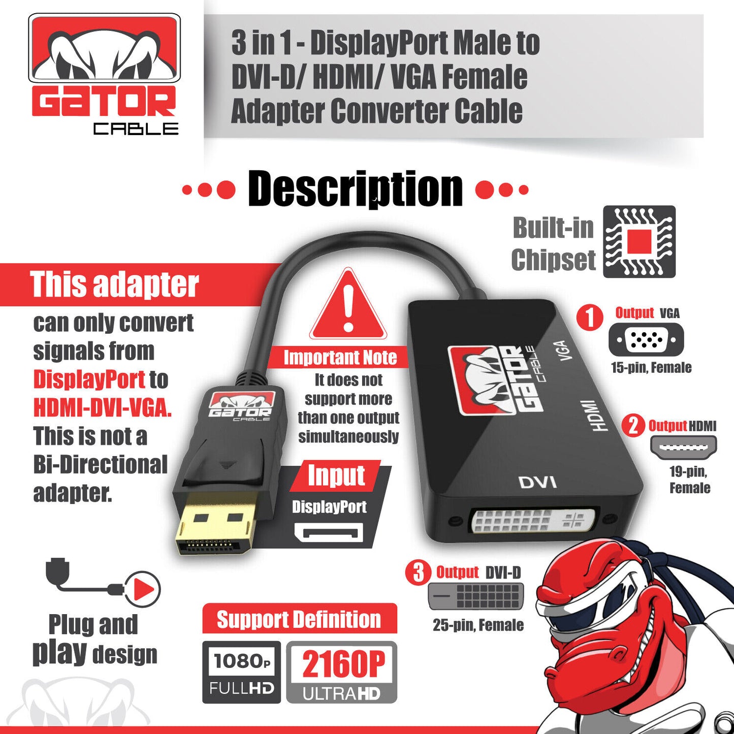 DisplayPort Male To HDMI DVI VGA Female Adapter Converter Cable 4K 1080P 4-in-1