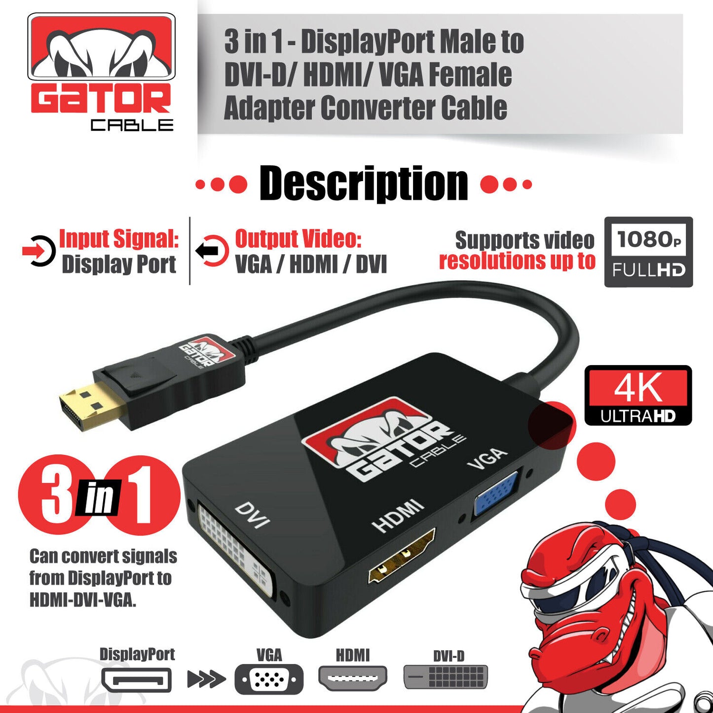 DisplayPort Male To HDMI DVI VGA Female Adapter Converter Cable 4K 1080P 4-in-1