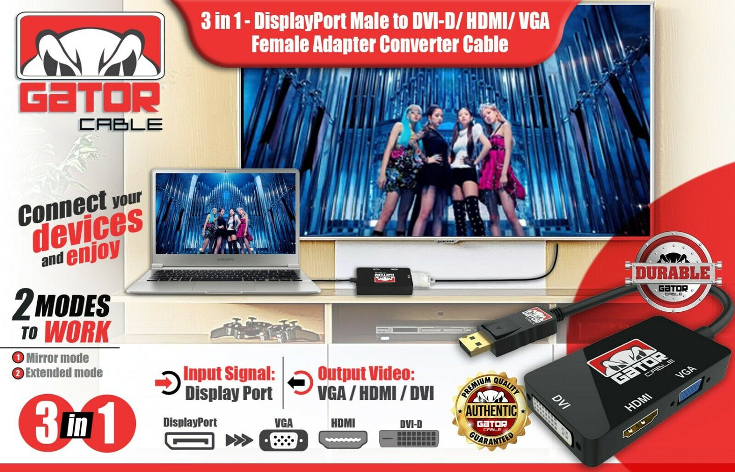 DisplayPort Male To HDMI DVI VGA Female Adapter Converter Cable 4K 1080P 4-in-1