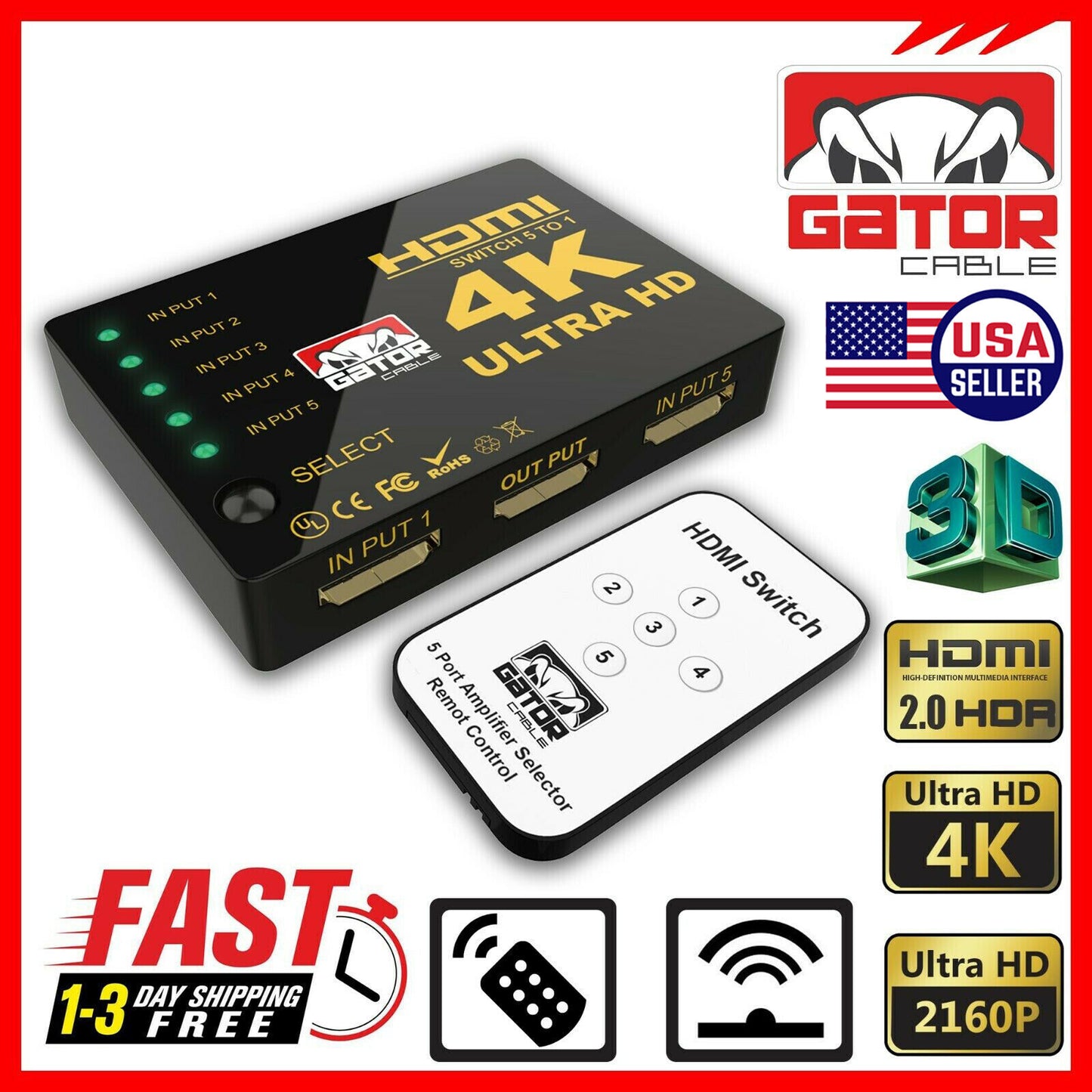 4K HDMI 2.0 Cable Splitter Switcher Box Hub IR Remote Control 5X1 Power 5 to 1