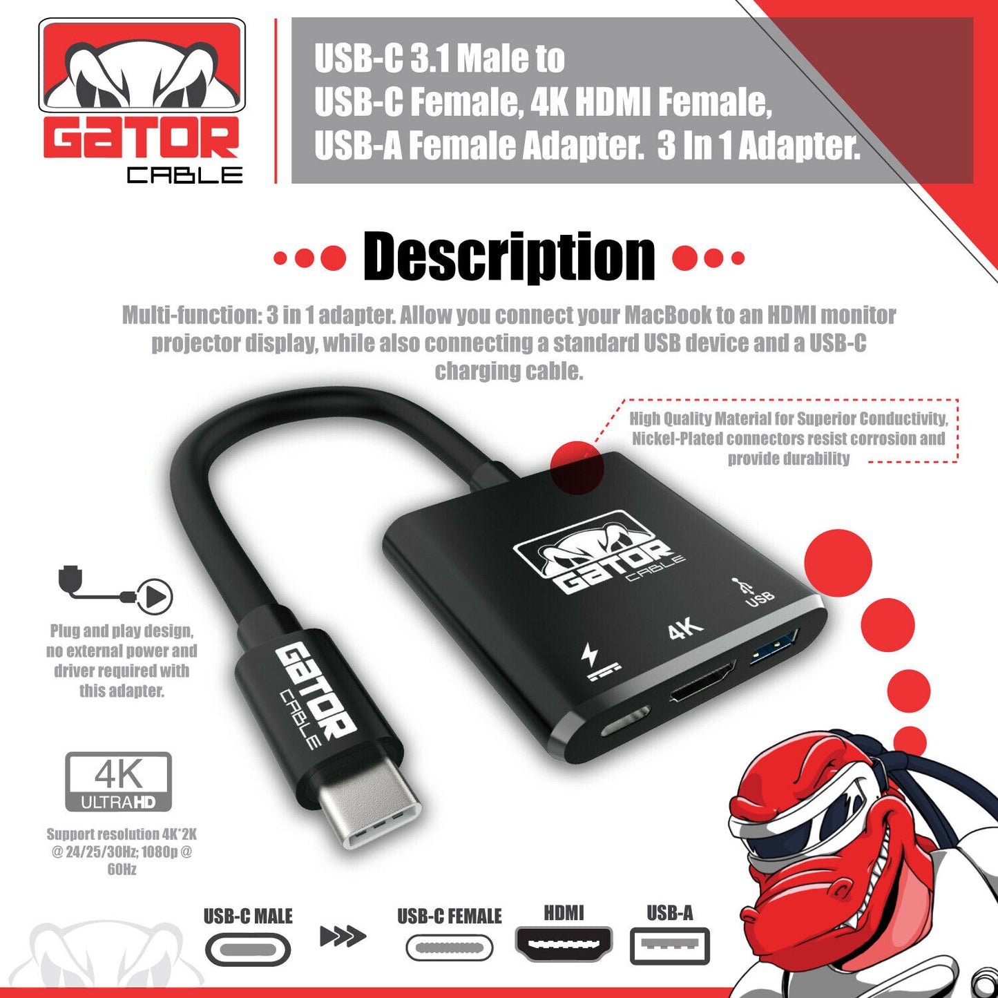 USB-C to 4K HDMI USB-C USB-A 3.0 Adapter Converter 3 in 1 Charger Audio Video HD
