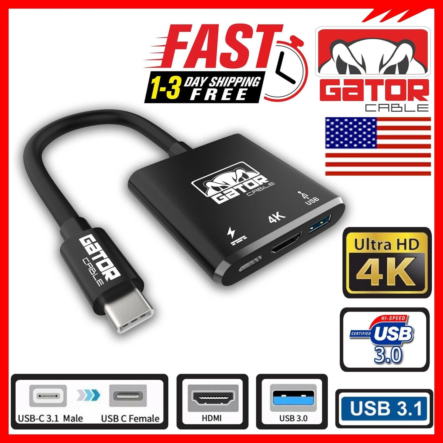 USB-C to 4K HDMI USB-C USB-A 3.0 Adapter Converter 3 in 1 Charger Audio Video HD