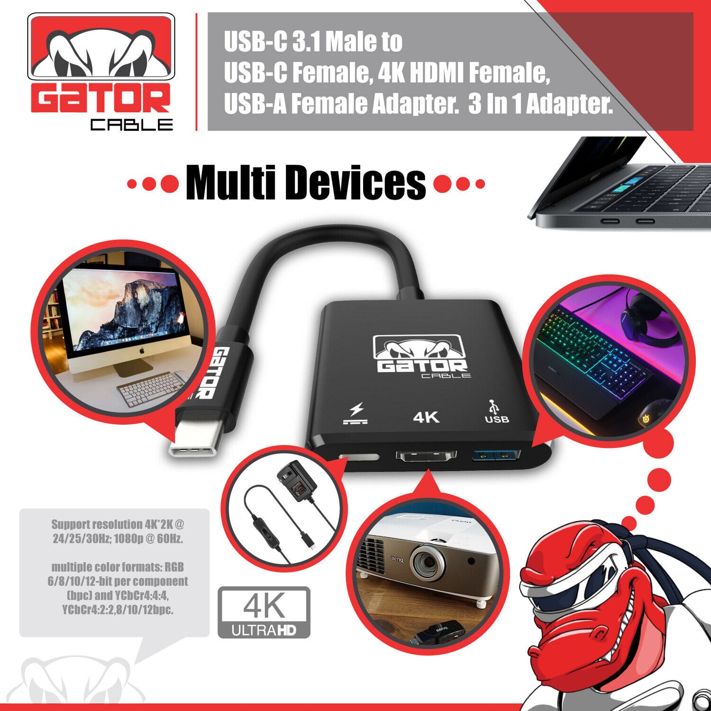 USB-C to 4K HDMI USB-C USB-A 3.0 Adapter Converter 3 in 1 Charger Audio Video HD