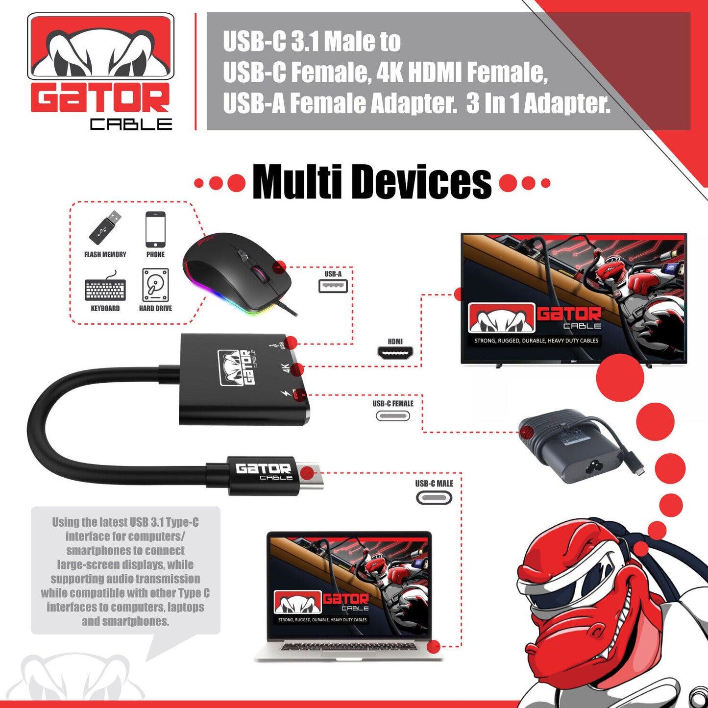 USB-C to 4K HDMI USB-C USB-A 3.0 Adapter Converter 3 in 1 Charger Audio Video HD