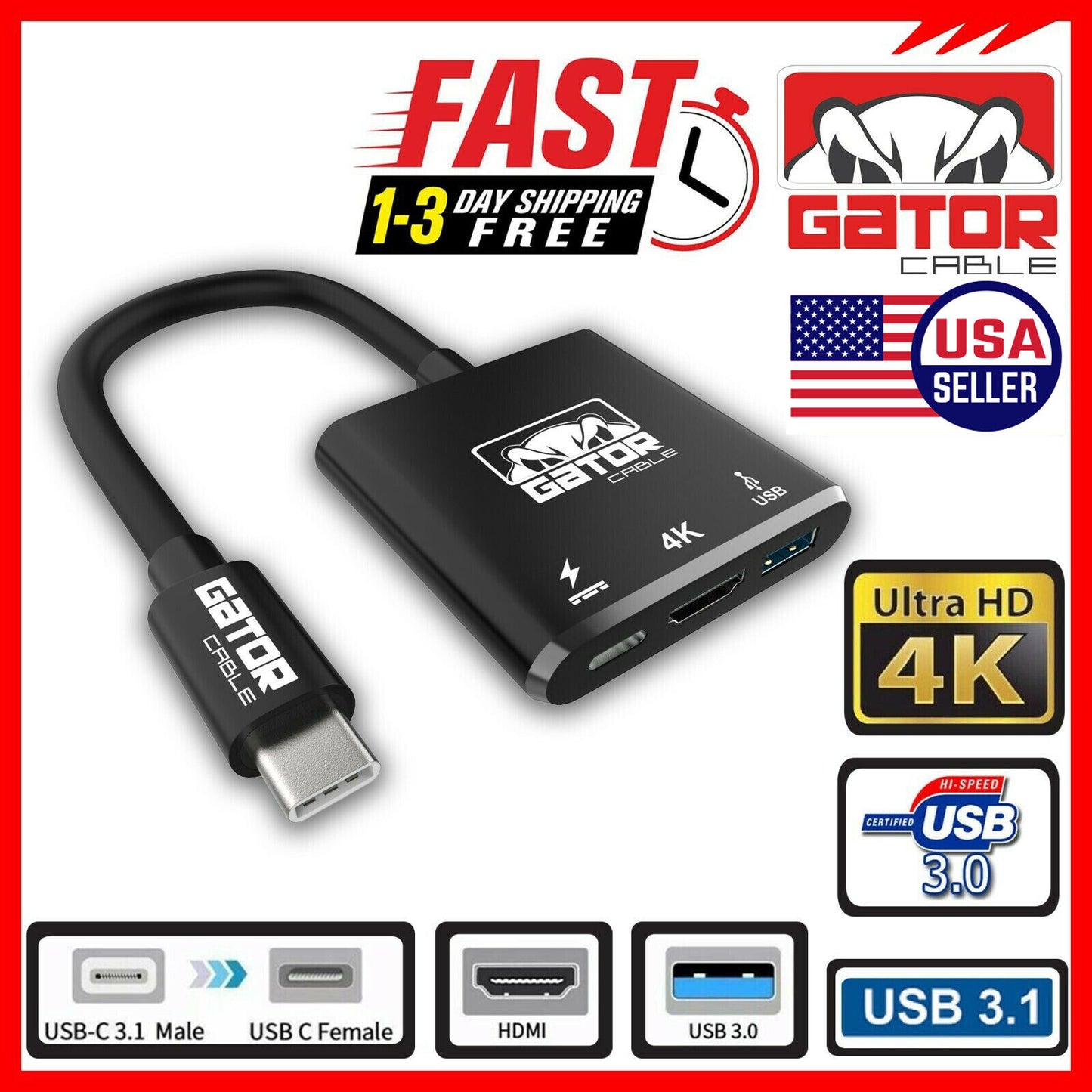 USB-C to 4K HDMI USB-C USB-A 3.0 Adapter Converter 3 in 1 Charger Audio Video HD