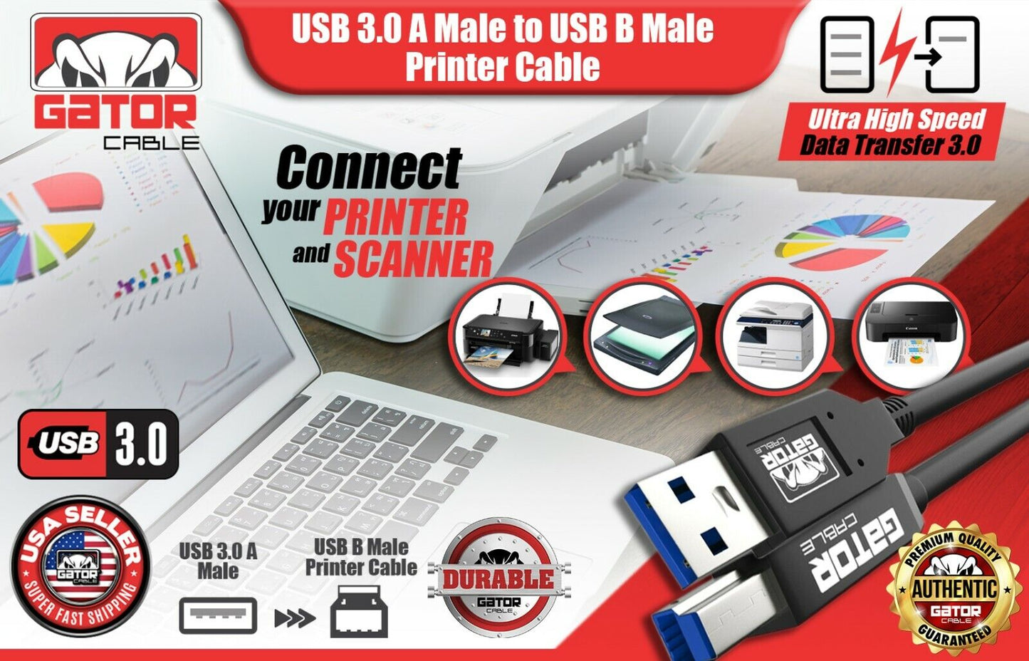 USB 3.0 Printer Scanner Cable A Male to B Male For HP Cannon Dell Epson Brother