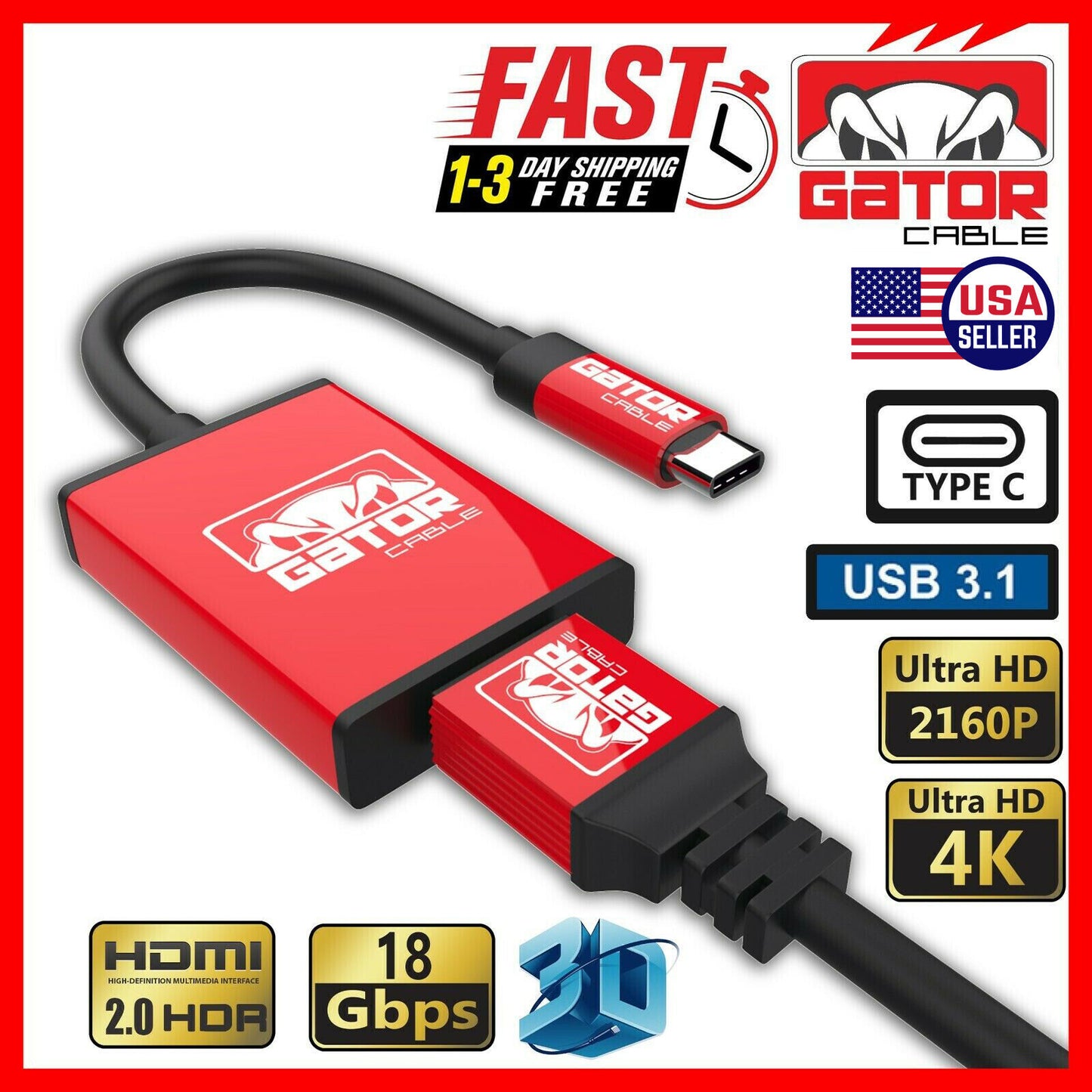 USB-C to HDMI HDTV Cable Adapter 4K Audio Video AV 60Hz 18Gbps Phone Mac PC 3FT