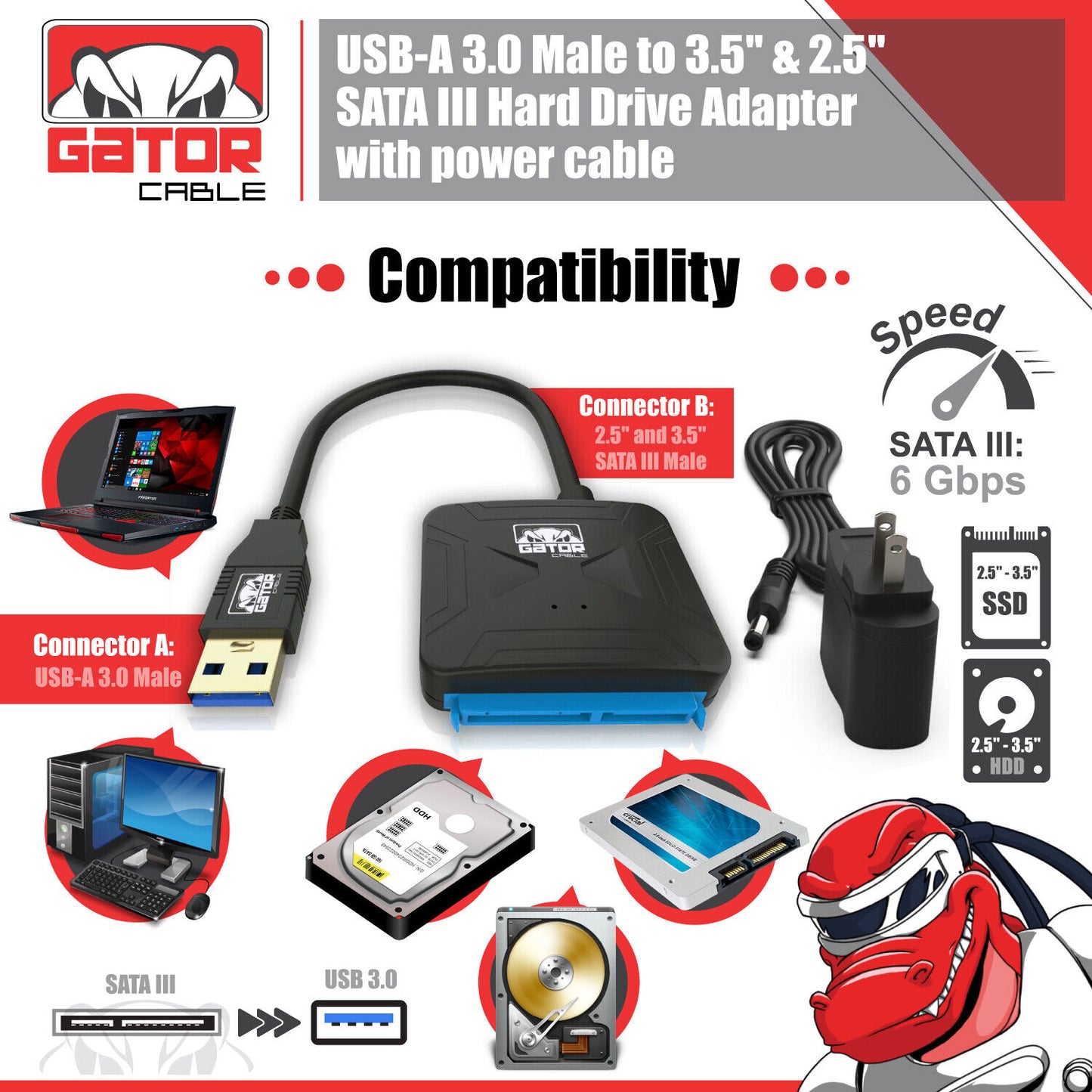 USB 3.0 to SATA III Hard Drive Adapter for 2.5" 3.5" HDD SSD with 12V 2A Power