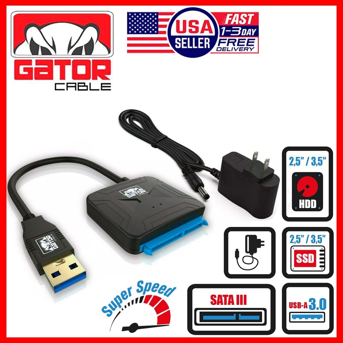 USB 3.0 to SATA III Hard Drive Adapter for 2.5" 3.5" HDD SSD with 12V 2A Power