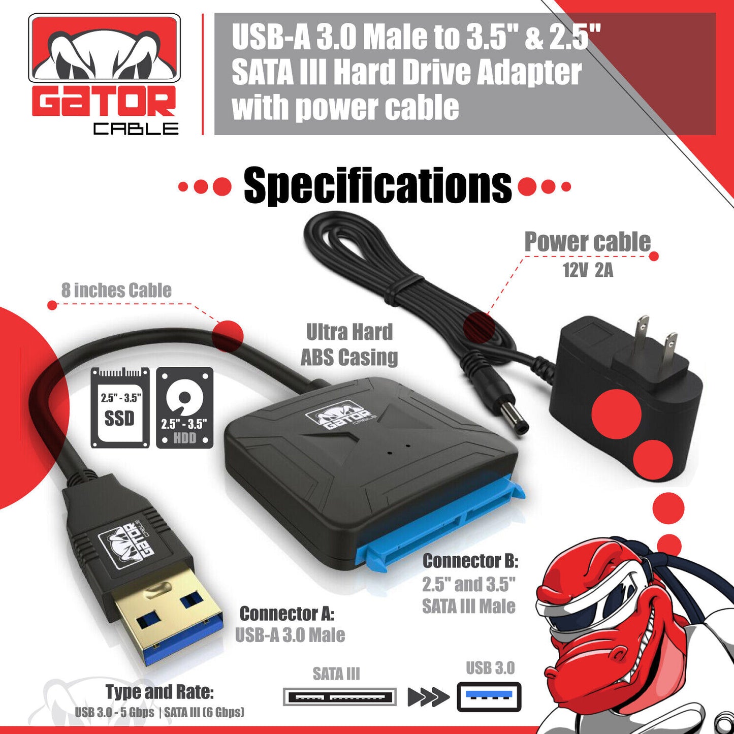 USB 3.0 to SATA III Hard Drive Adapter for 2.5" 3.5" HDD SSD with 12V 2A Power