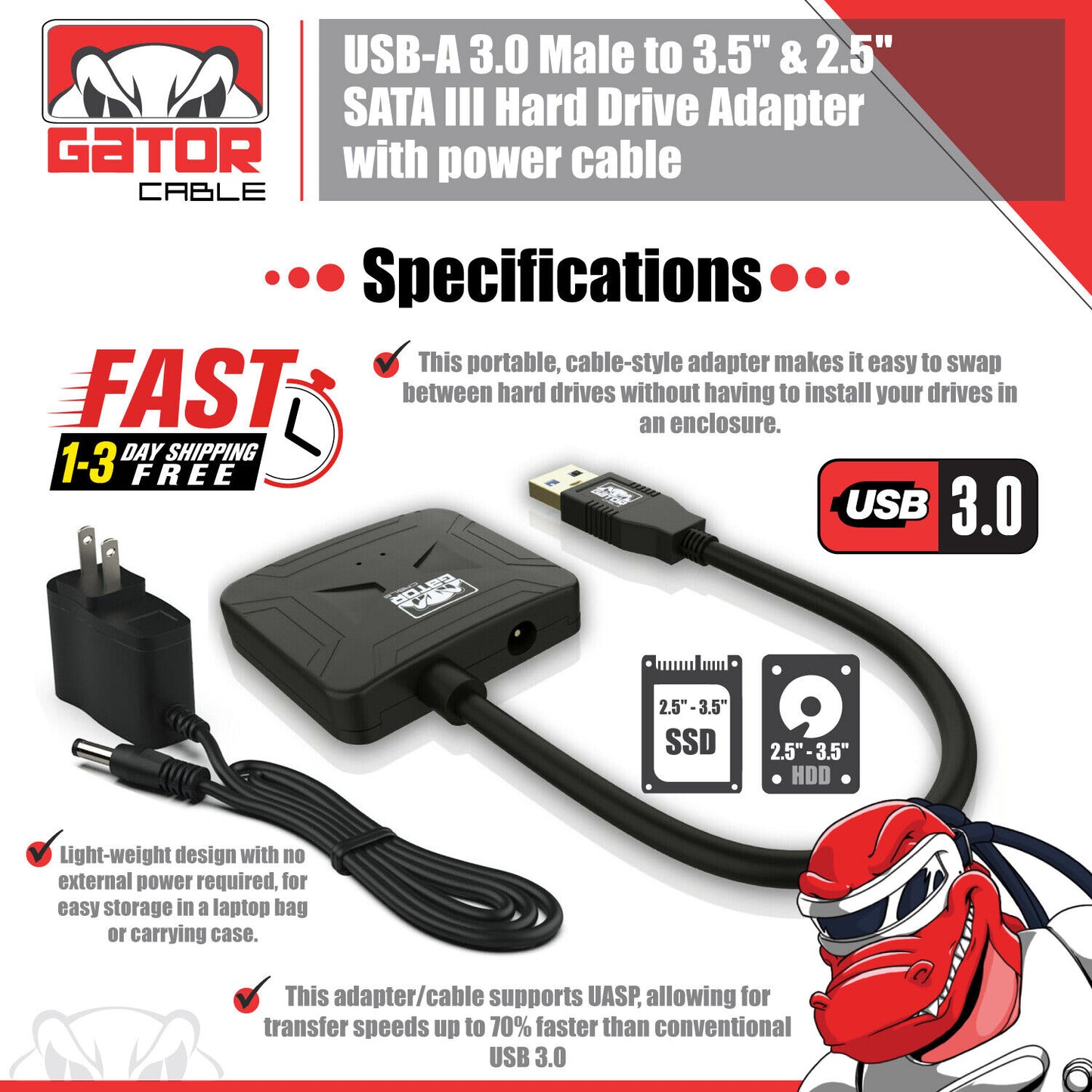 USB 3.0 to SATA III Hard Drive Adapter for 2.5" 3.5" HDD SSD with 12V 2A Power