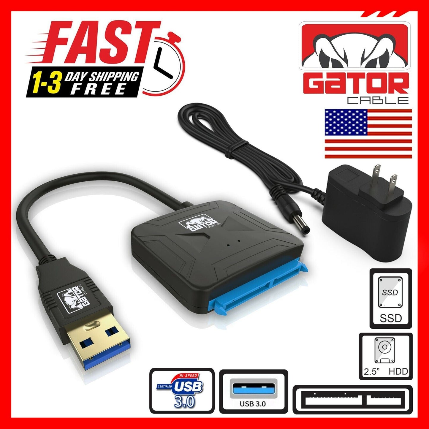 USB 3.0 to SATA III Hard Drive Adapter for 2.5" 3.5" HDD SSD with 12V 2A Power