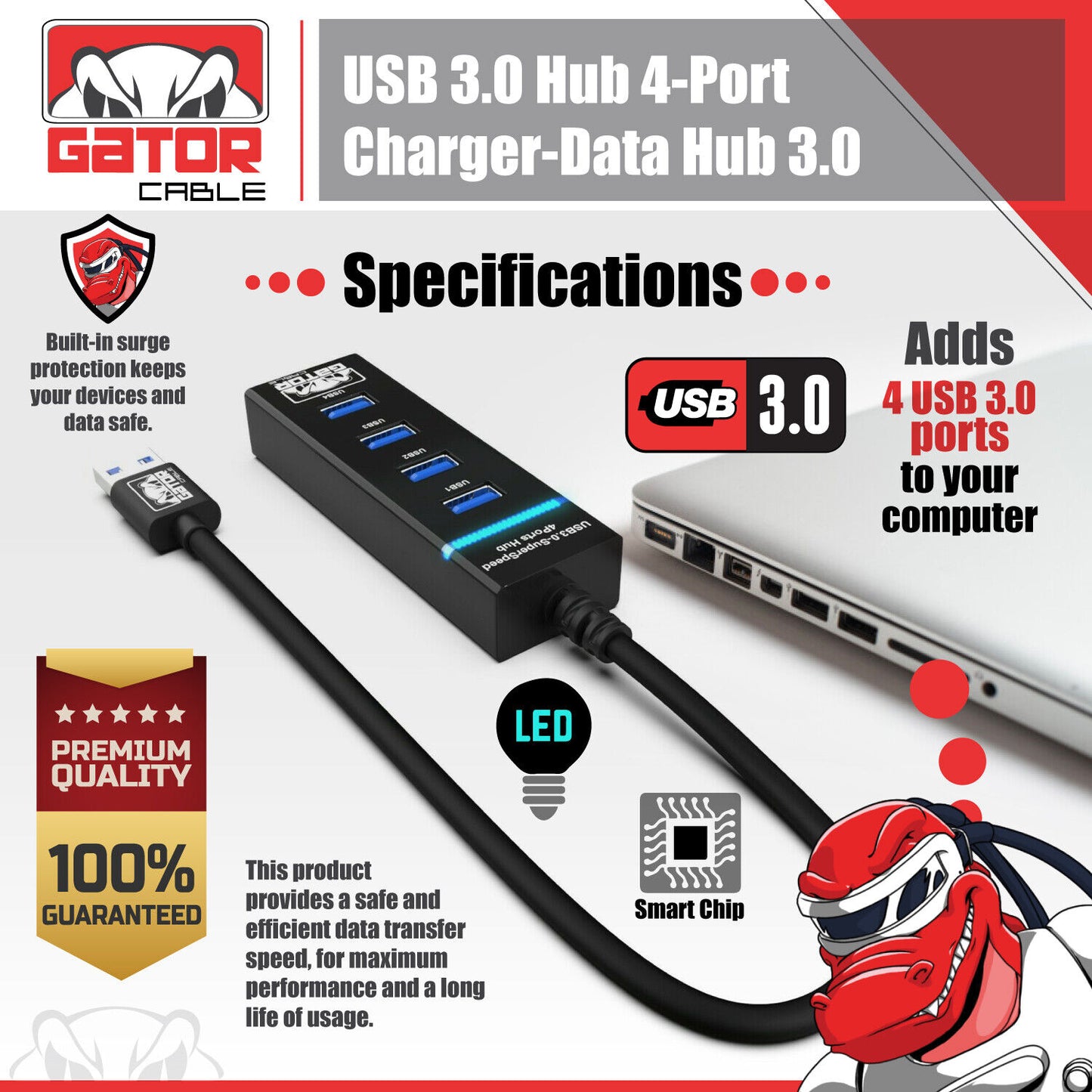 USB 3.0 HUB 4-USB Port Multi Adapter Charger Data For PC Mac Laptop Desktop LED