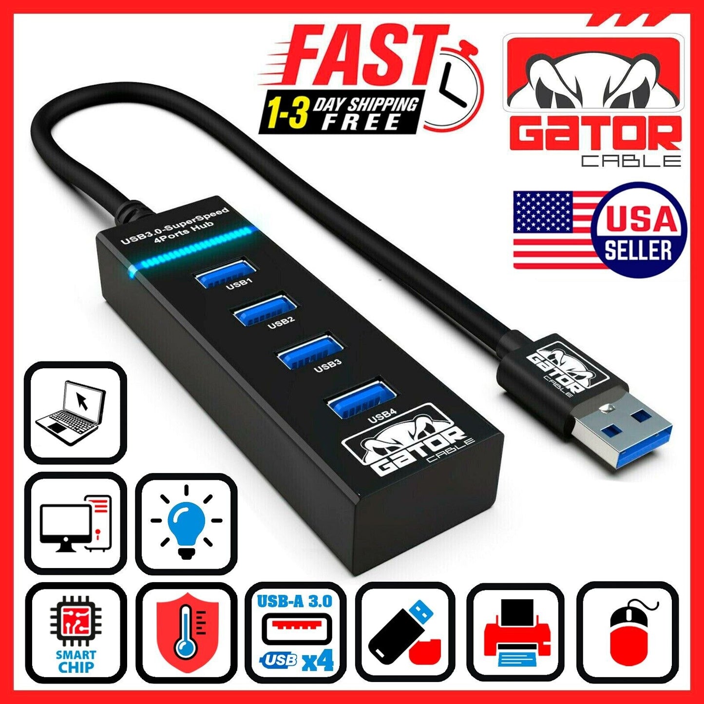 USB 3.0 HUB 4-USB Port Multi Adapter Charger Data For PC Mac Laptop Desktop LED
