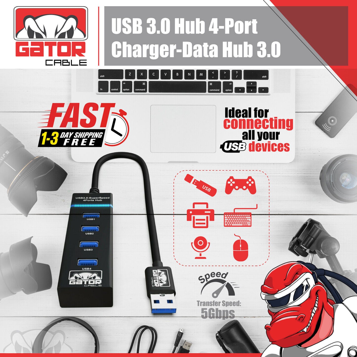 USB 3.0 HUB 4-USB Port Multi Adapter Charger Data For PC Mac Laptop Desktop LED