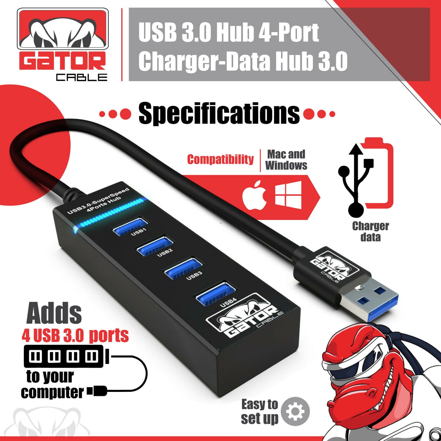 USB 3.0 HUB 4-USB Port Multi Adapter Charger Data For PC Mac Laptop Desktop LED