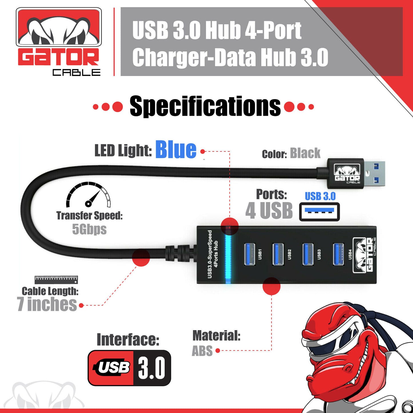 USB 3.0 HUB 4-USB Port Multi Adapter Charger Data For PC Mac Laptop Desktop LED