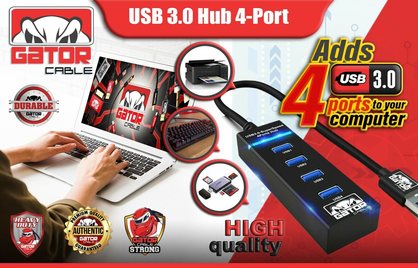 USB 3.0 HUB 4-USB Port Multi Adapter Charger Data For PC Mac Laptop Desktop LED