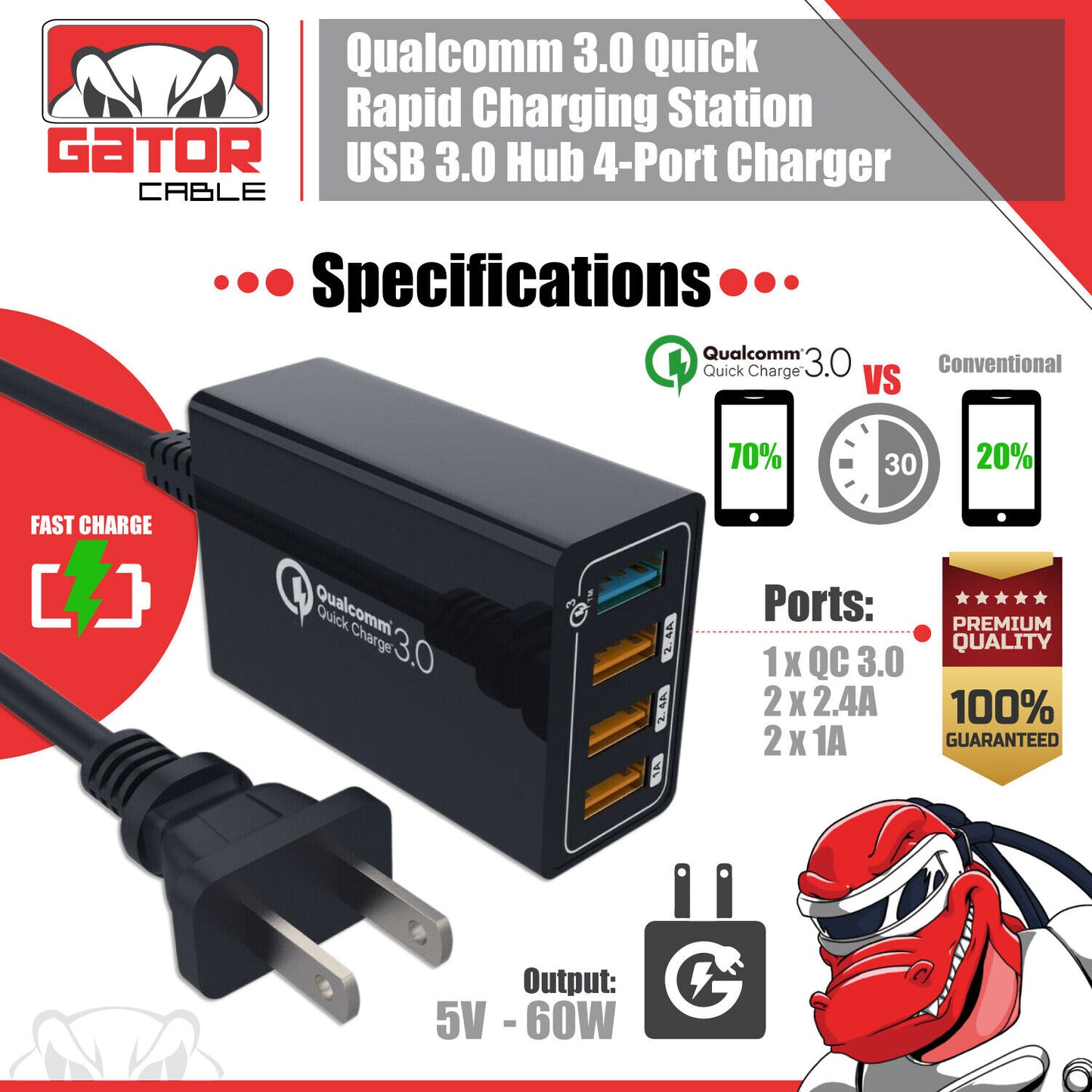 Qualcomm QC 3.0 Fast Rapid Charger Charging Station Hub 4 USB Multi Port 60W 3A
