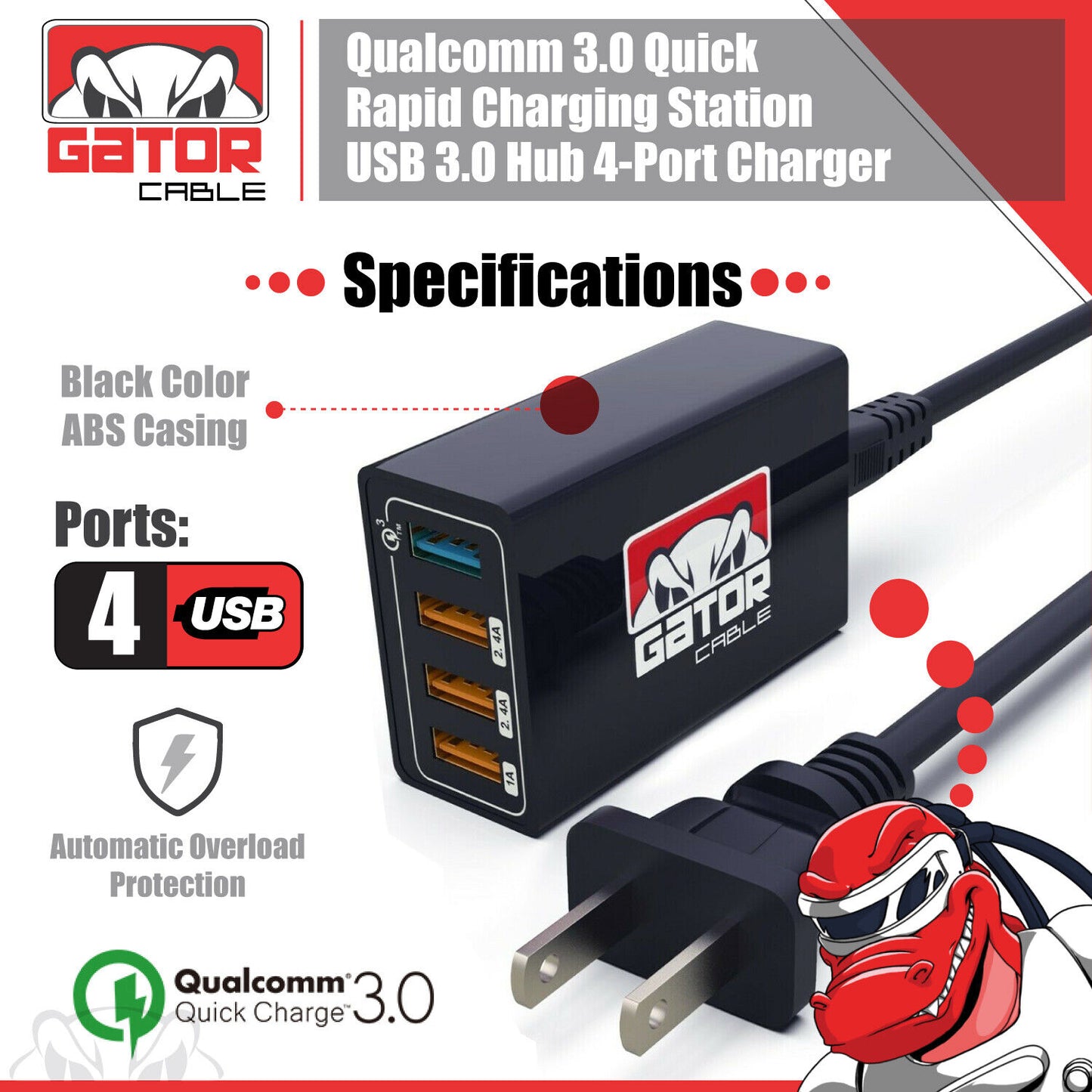 Qualcomm QC 3.0 Fast Rapid Charger Charging Station Hub 4 USB Multi Port 60W 3A