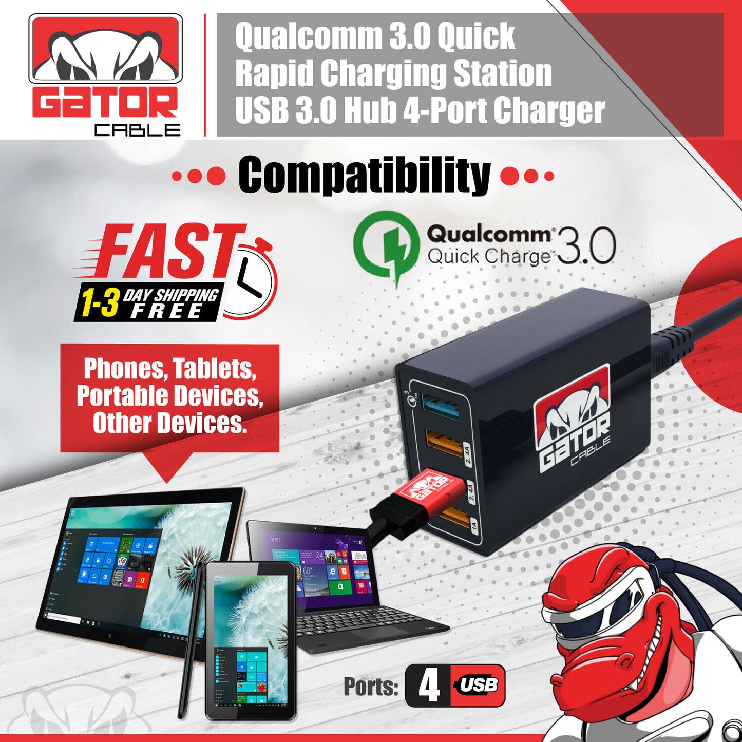 Qualcomm QC 3.0 Fast Rapid Charger Charging Station Hub 4 USB Multi Port 60W 3A